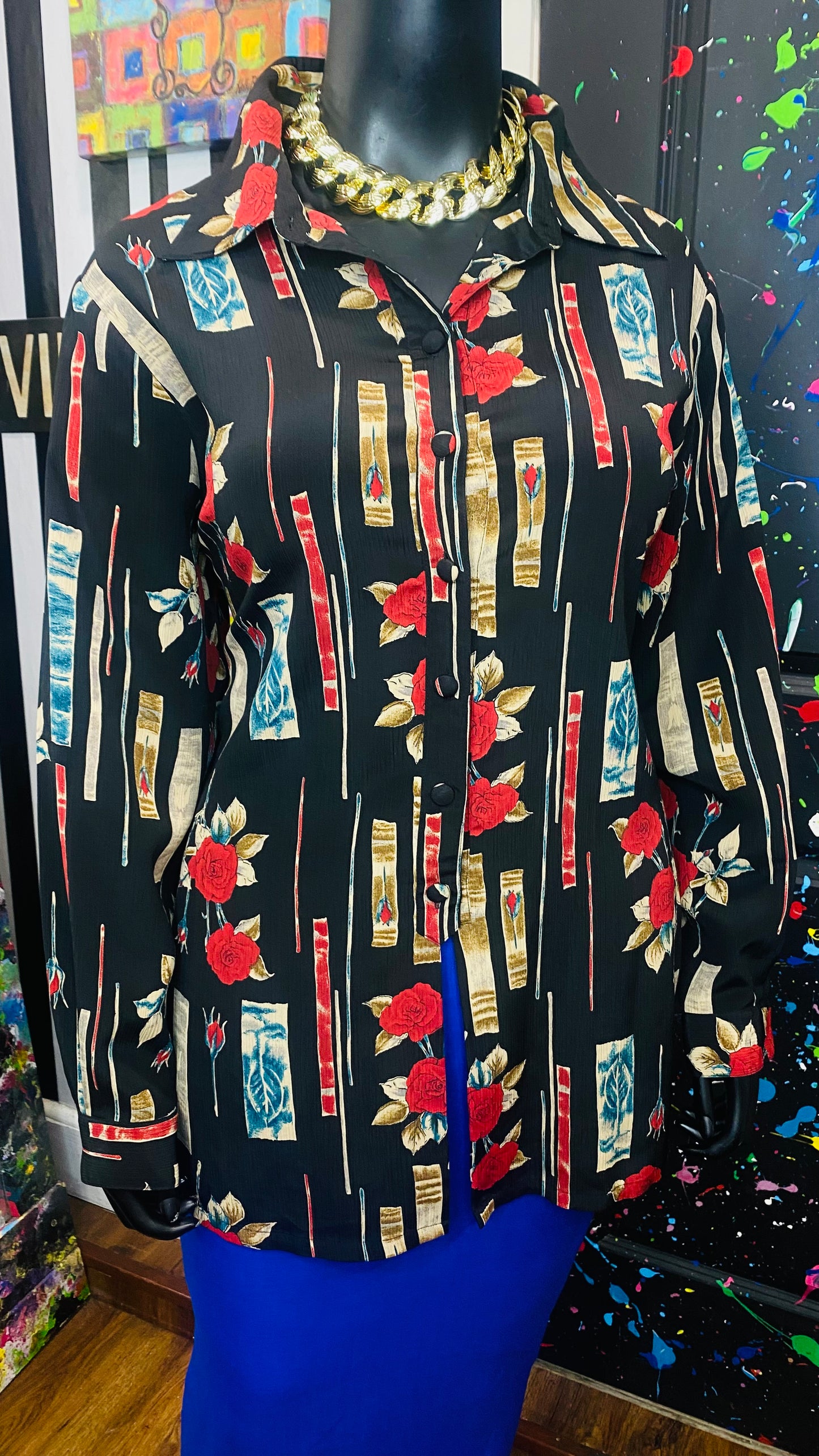 Vintage Black Blue & Red Rose Blouse (22)