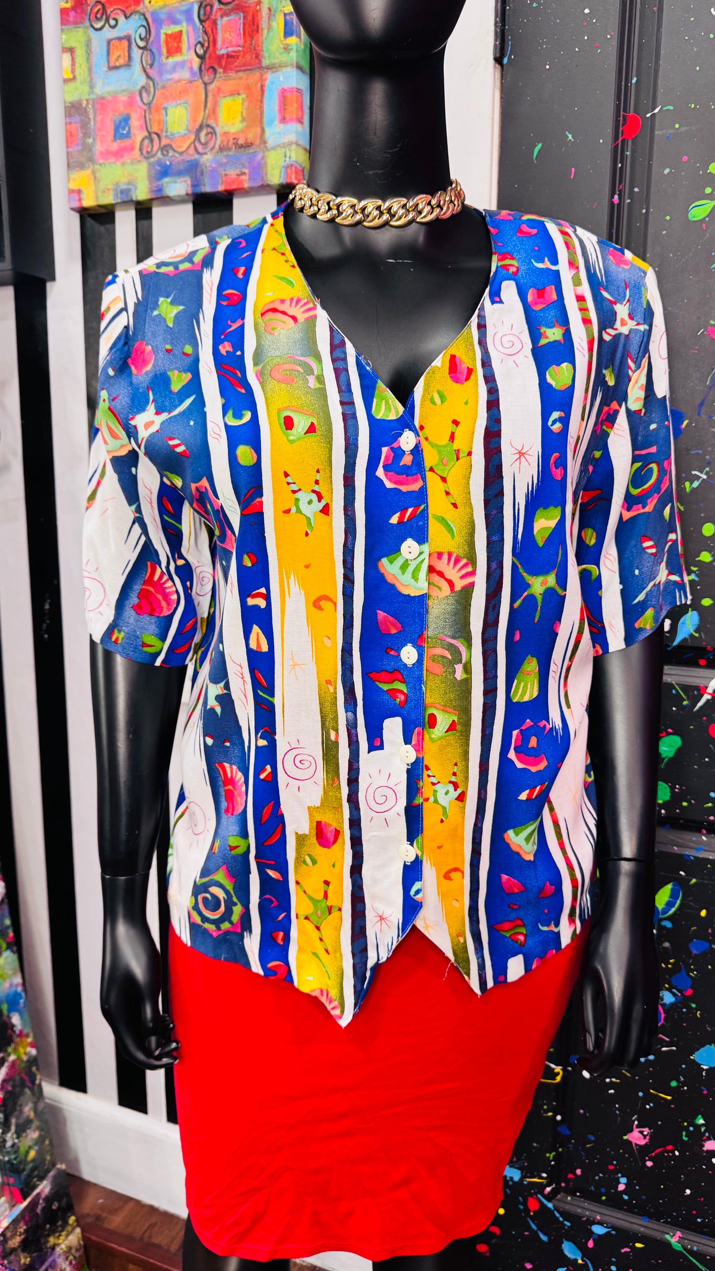 Vintage Rayon Striped Abstract 90s Blouse -  New w/ Tags Deadstock (20W)