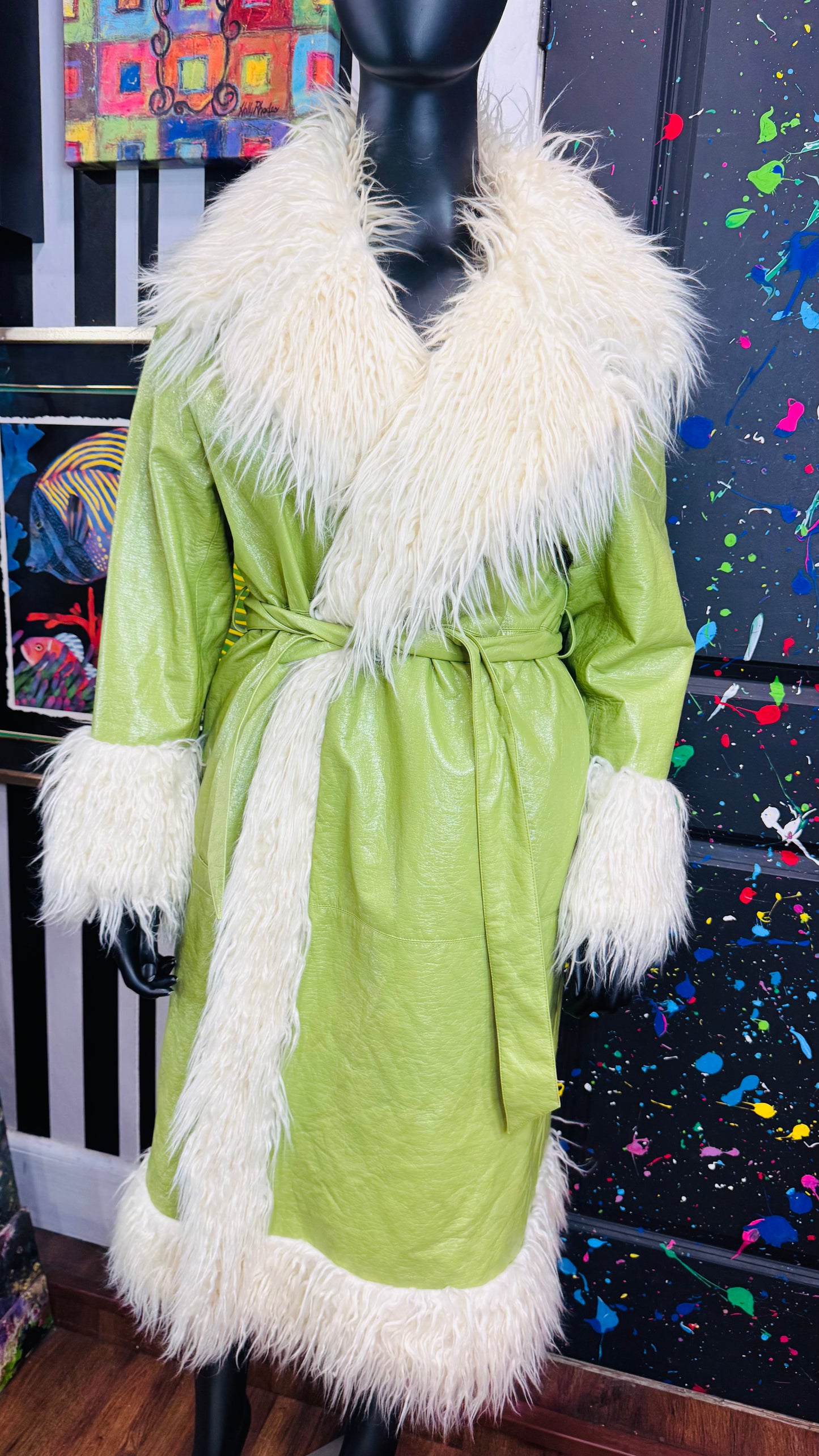 Green Faux Fur Accent Trench (14) Oversized*