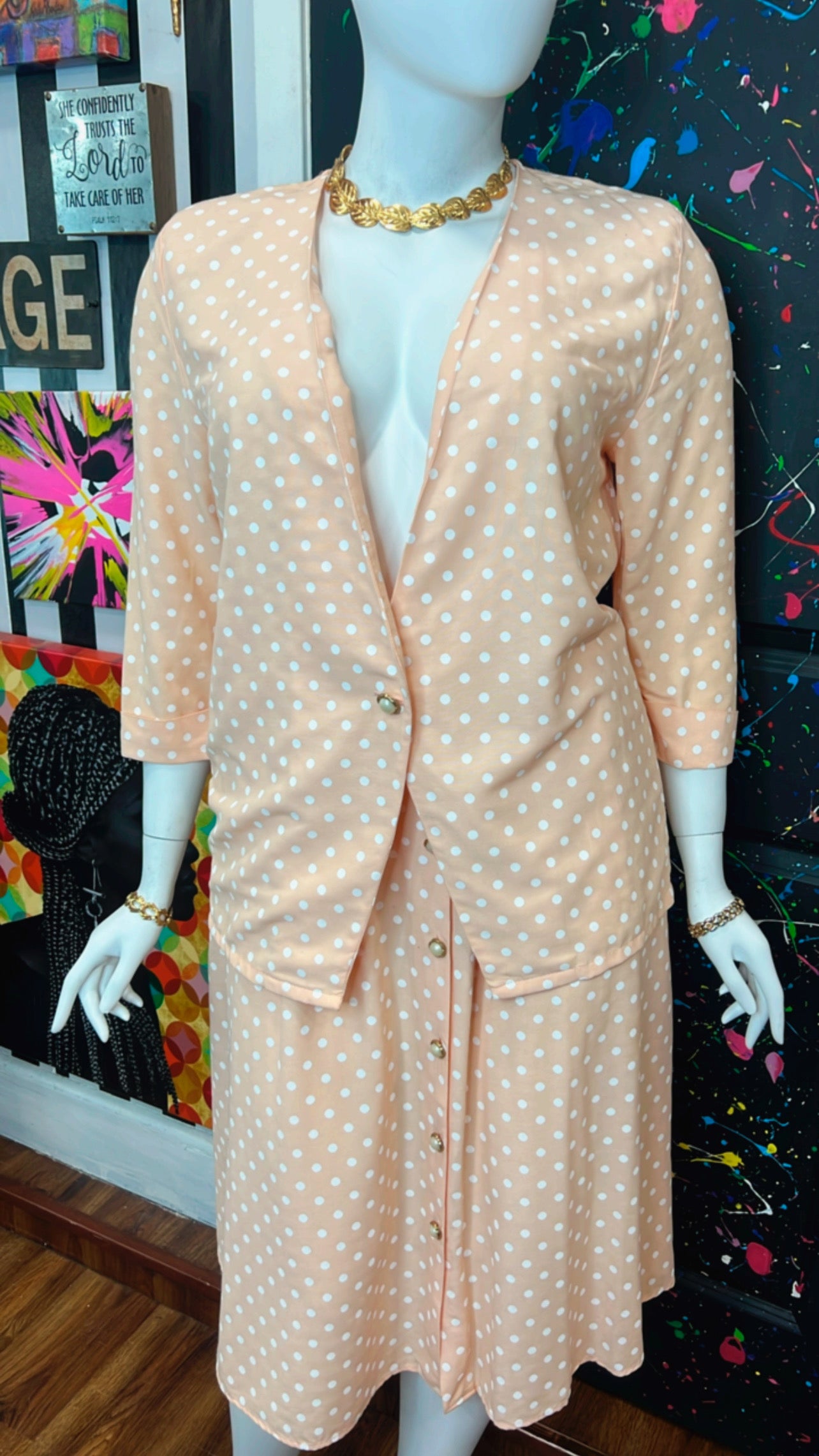 Vintage Peach Polka Dot & White Skirt & Blazer Set (16/18)