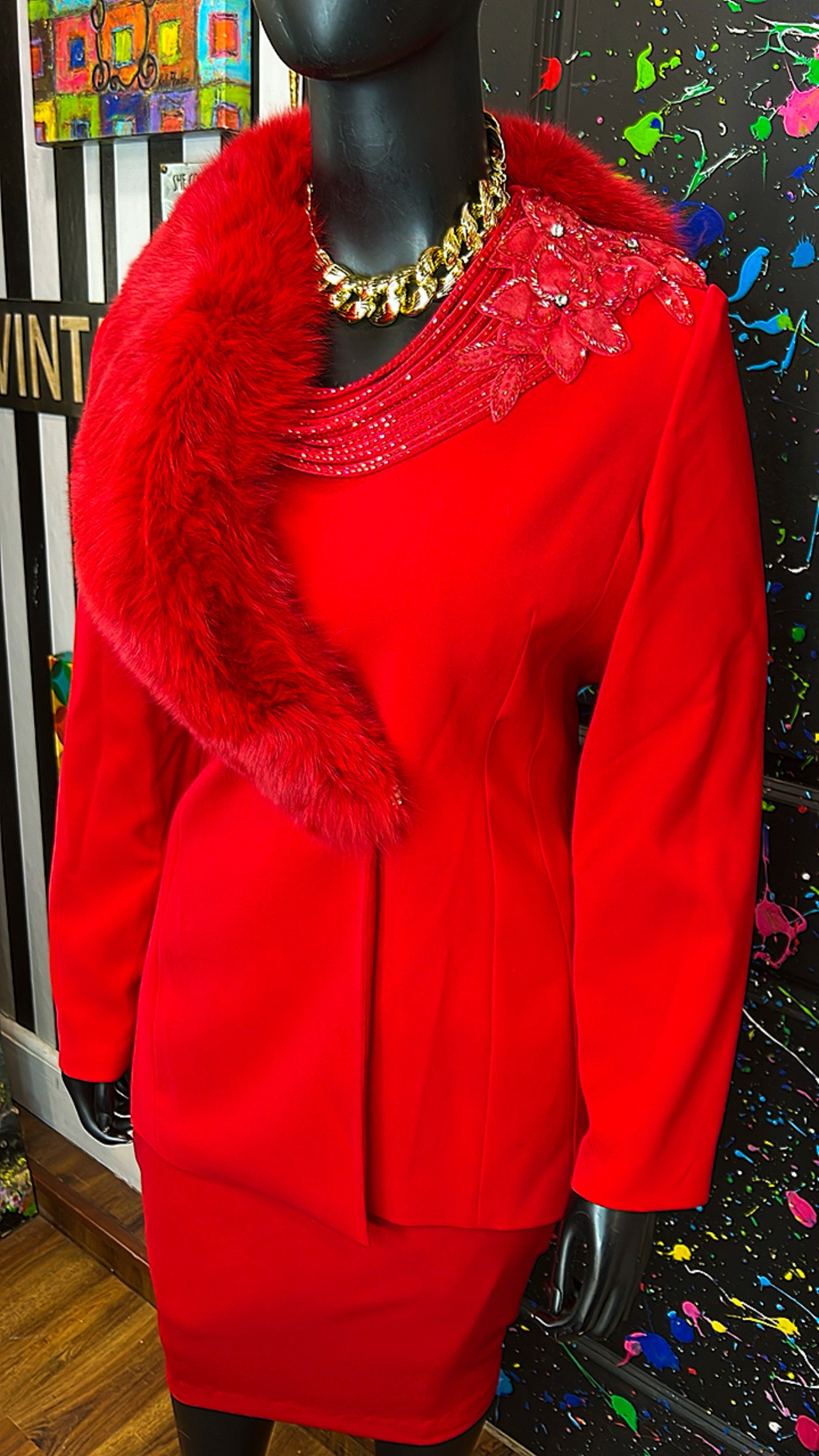 Vintage Couture Red Faux Fur Skirt Suit (20)