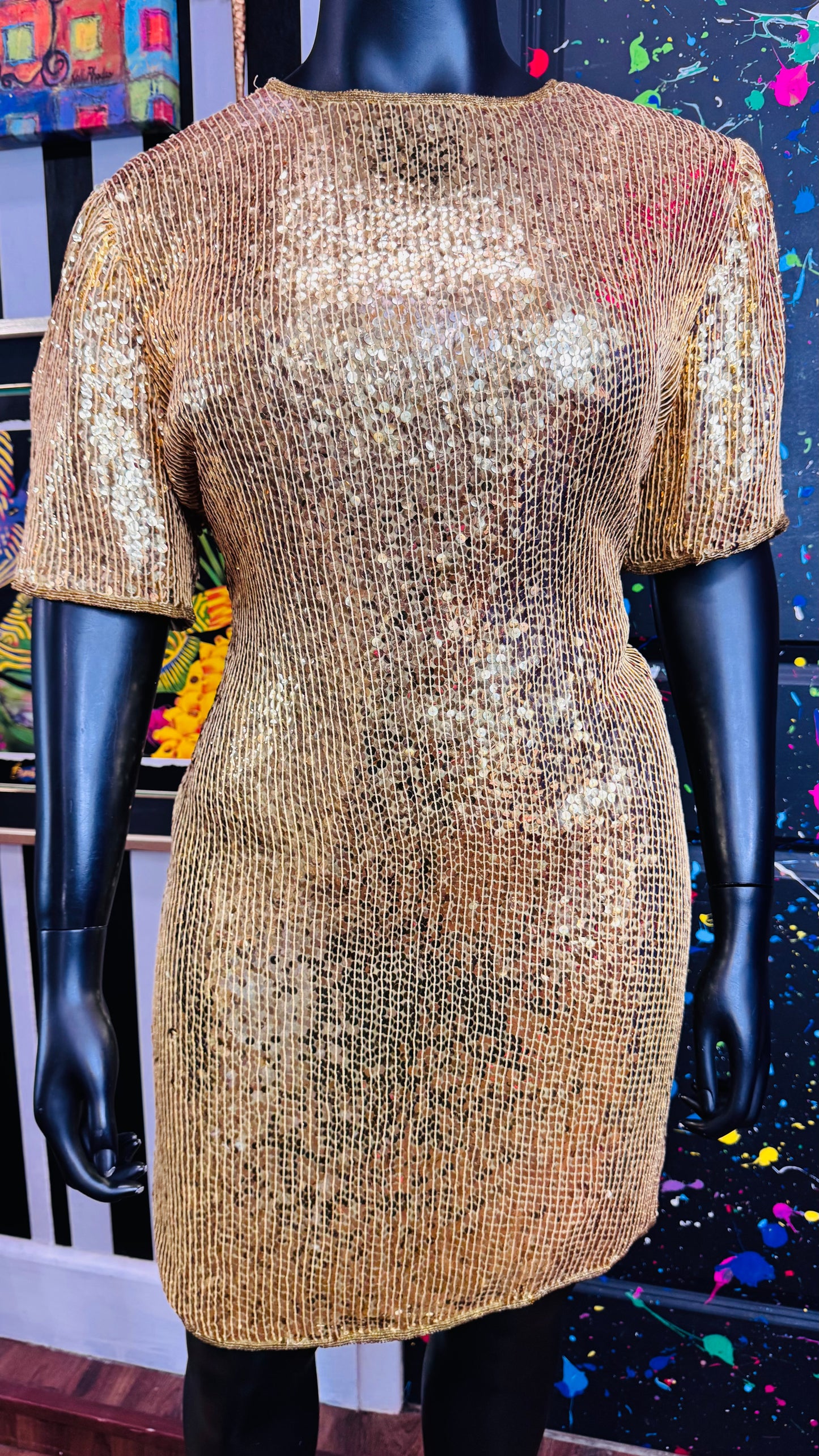 Vintage Gold Lawrence Kazar 100% Silk Sequin Dress (18)