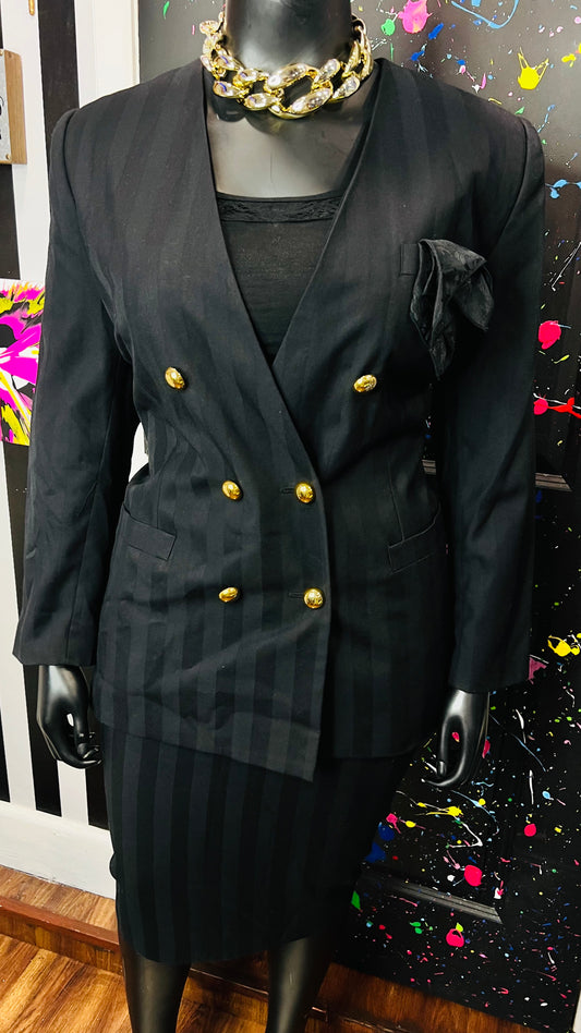 Vintage Black Striped Skirt Suit (18W)