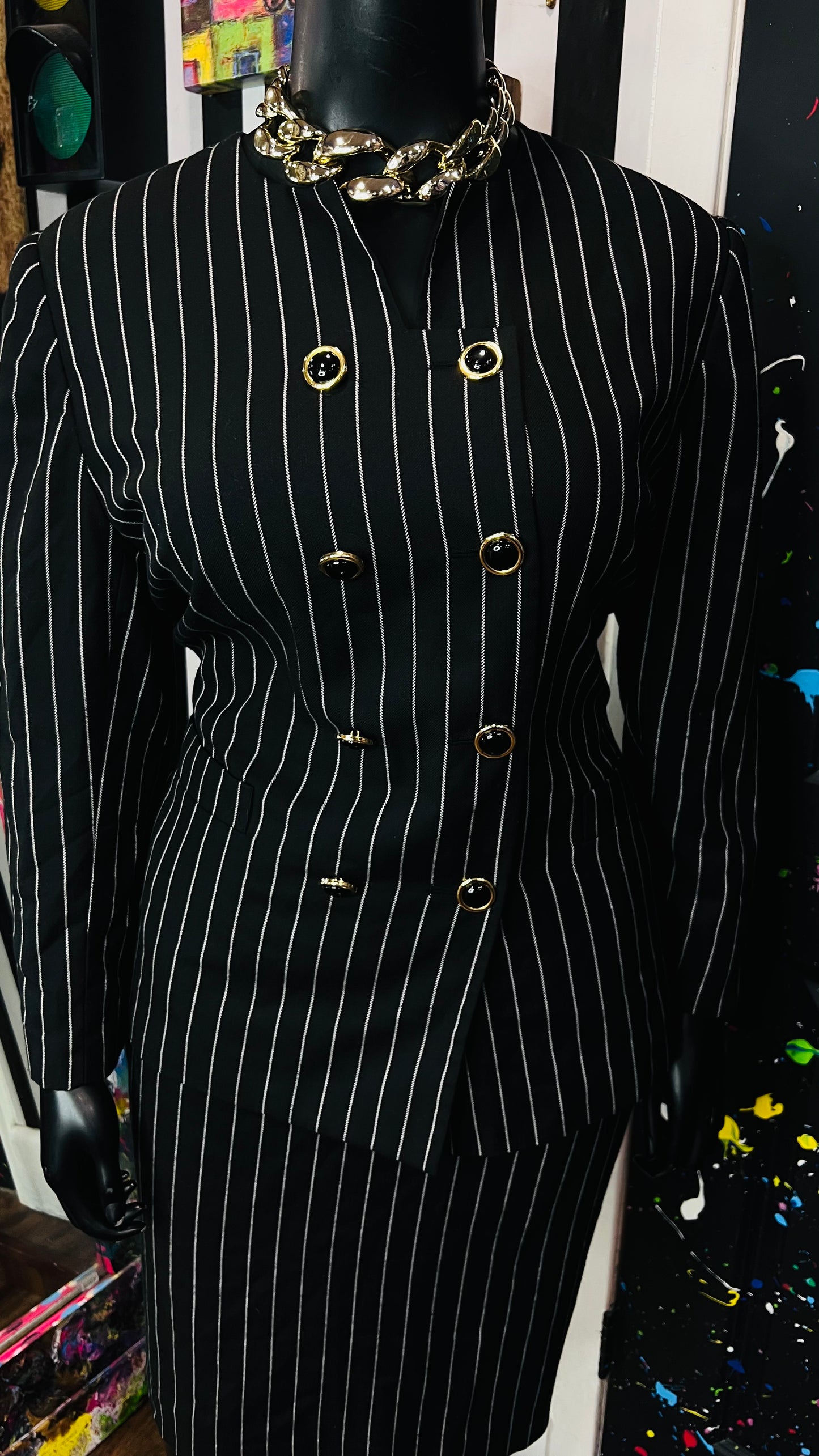 Vintage Black & White Striped Skirt Suit (20W)