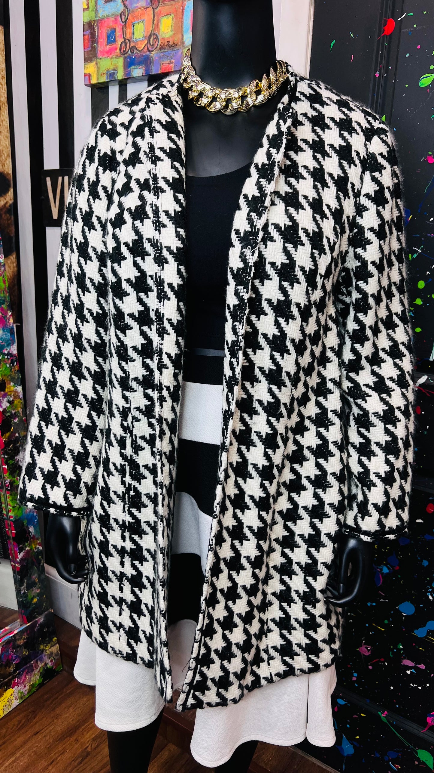 Vintage Black & White Houndstooth Wool Coat (20W)