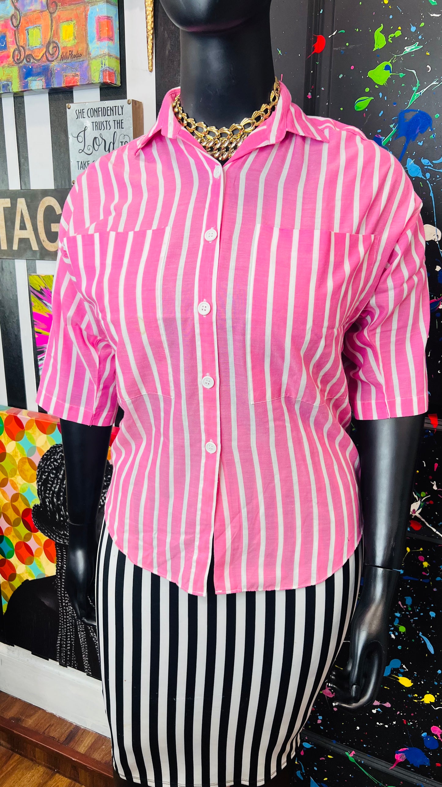 Vintage Cotton Pink & White Striped Blouse (14)