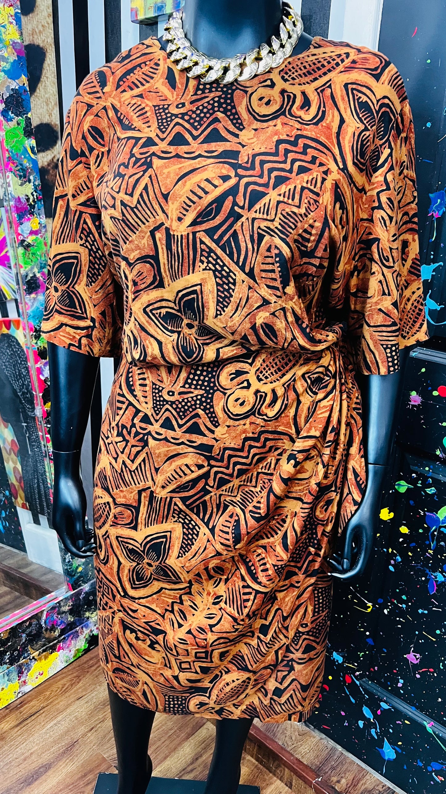 Vintage Rayon Sarong Style Tribal Print Dress (28) - Fits Like a 22