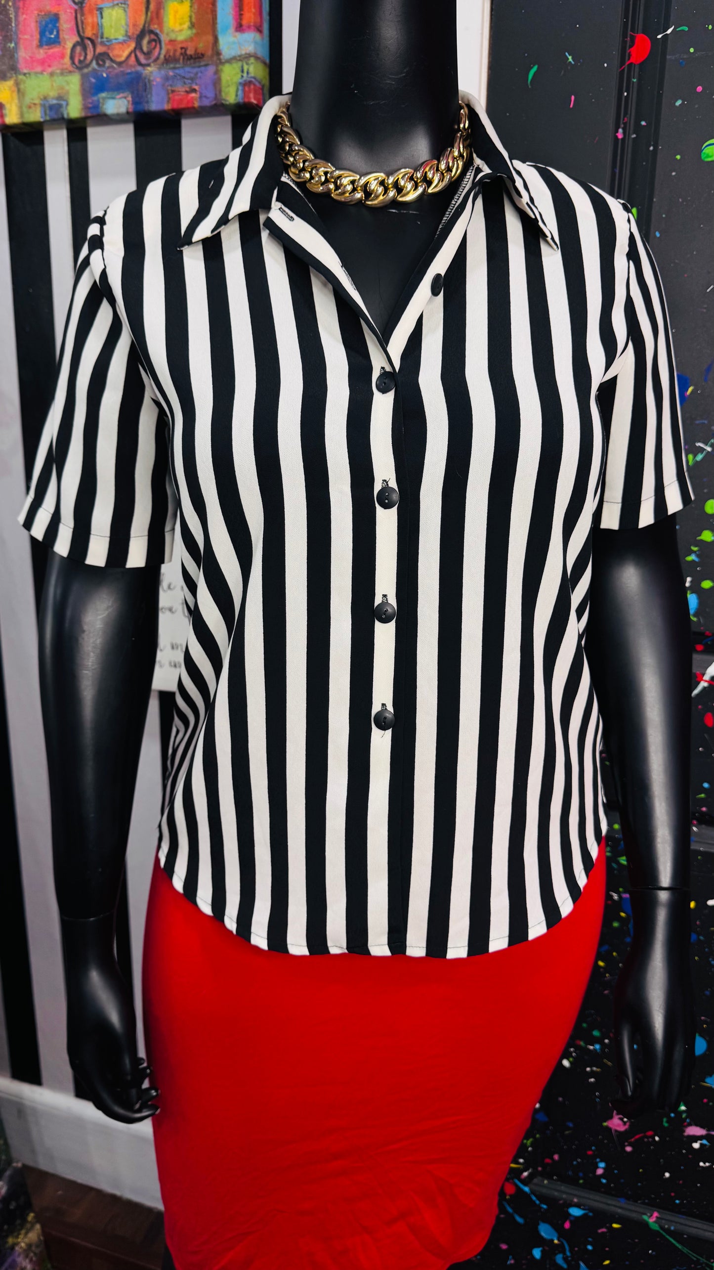Vintage Black & Ivory Striped Blouse (12/14)