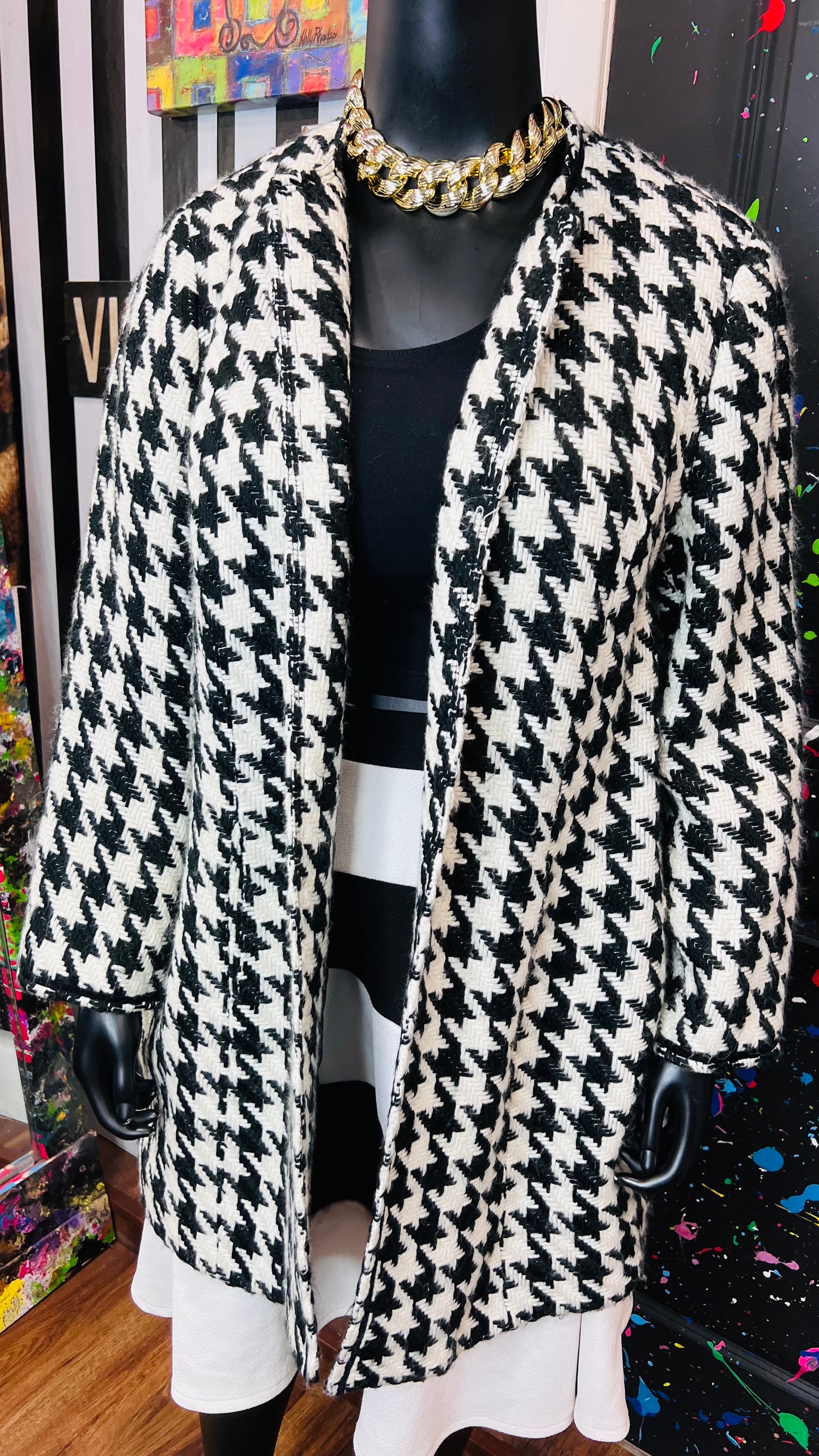 Vintage Black & White Houndstooth Wool Coat (20W)