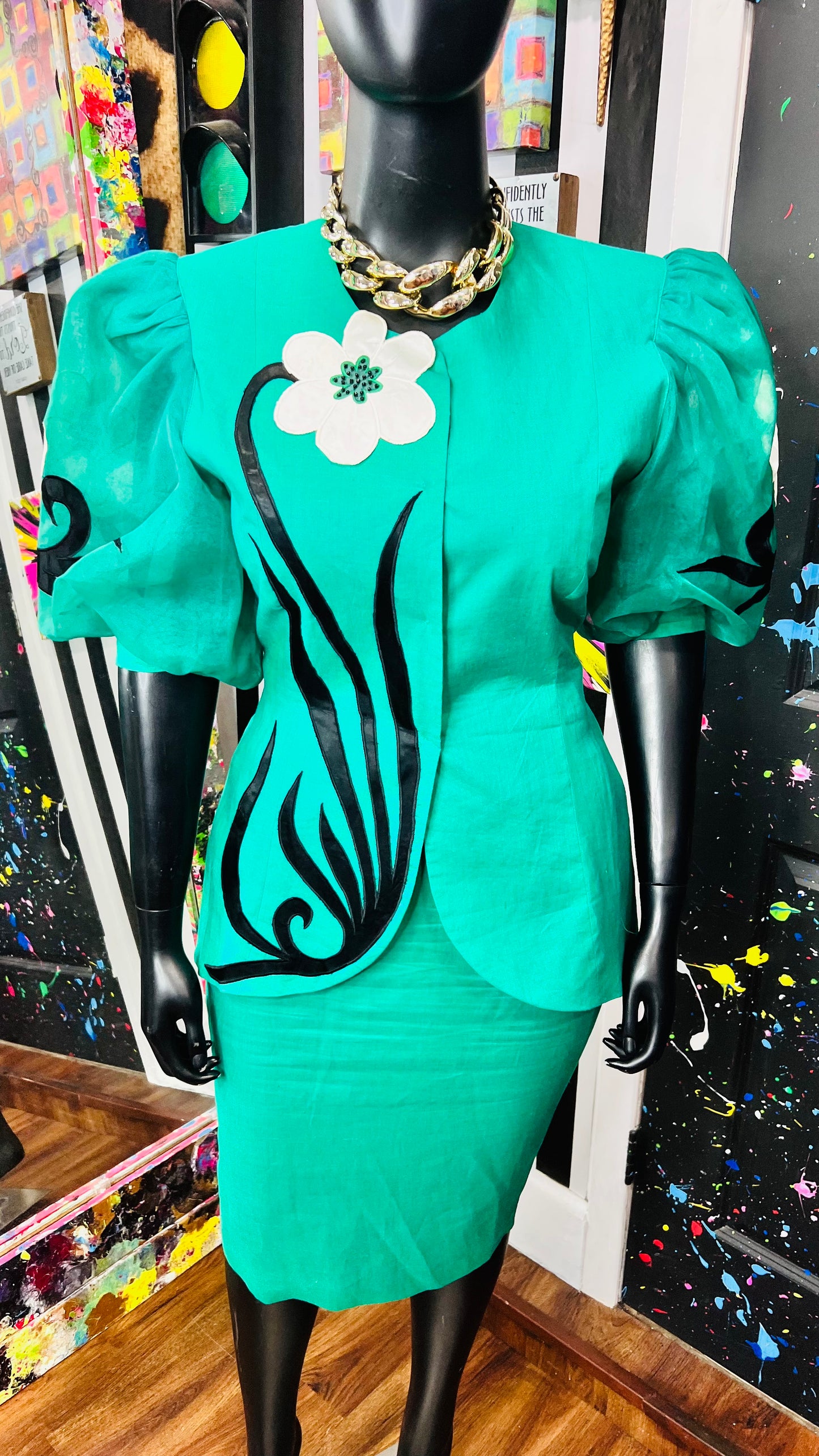 Vintage Green Black & White Skirt Suit (14)