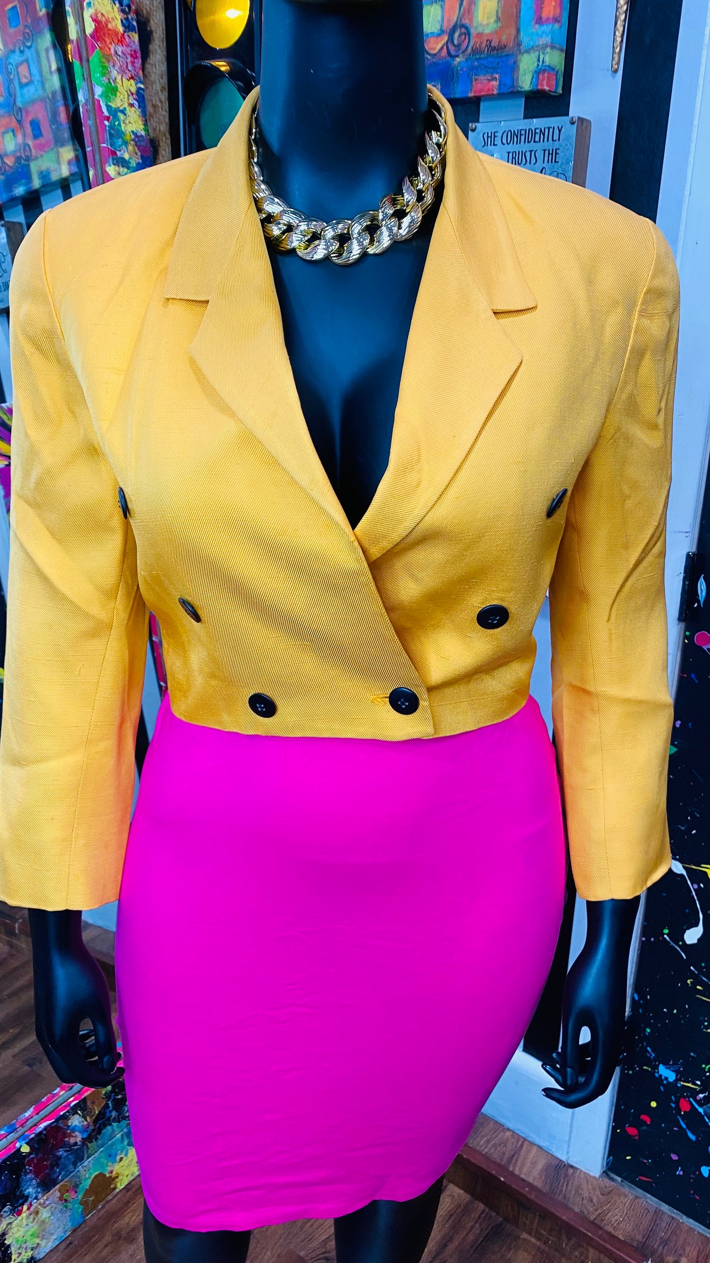 Plus Size 100% Silk Vintage Mustard Yellow Cropped Blazer (12)