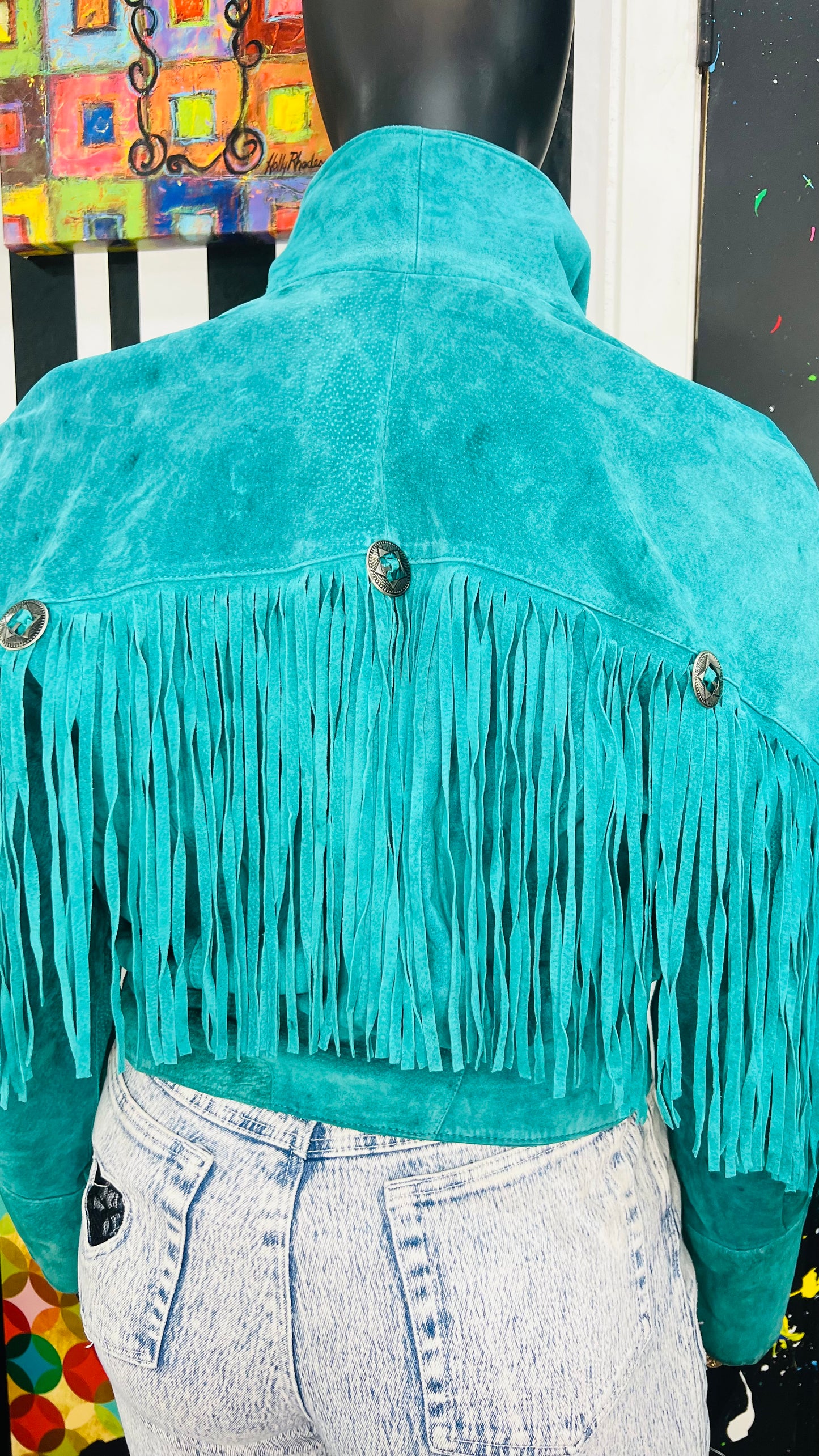 Vintage Teal Suede Genuine Leather Pelle Cropped Fringe Jacket (14)