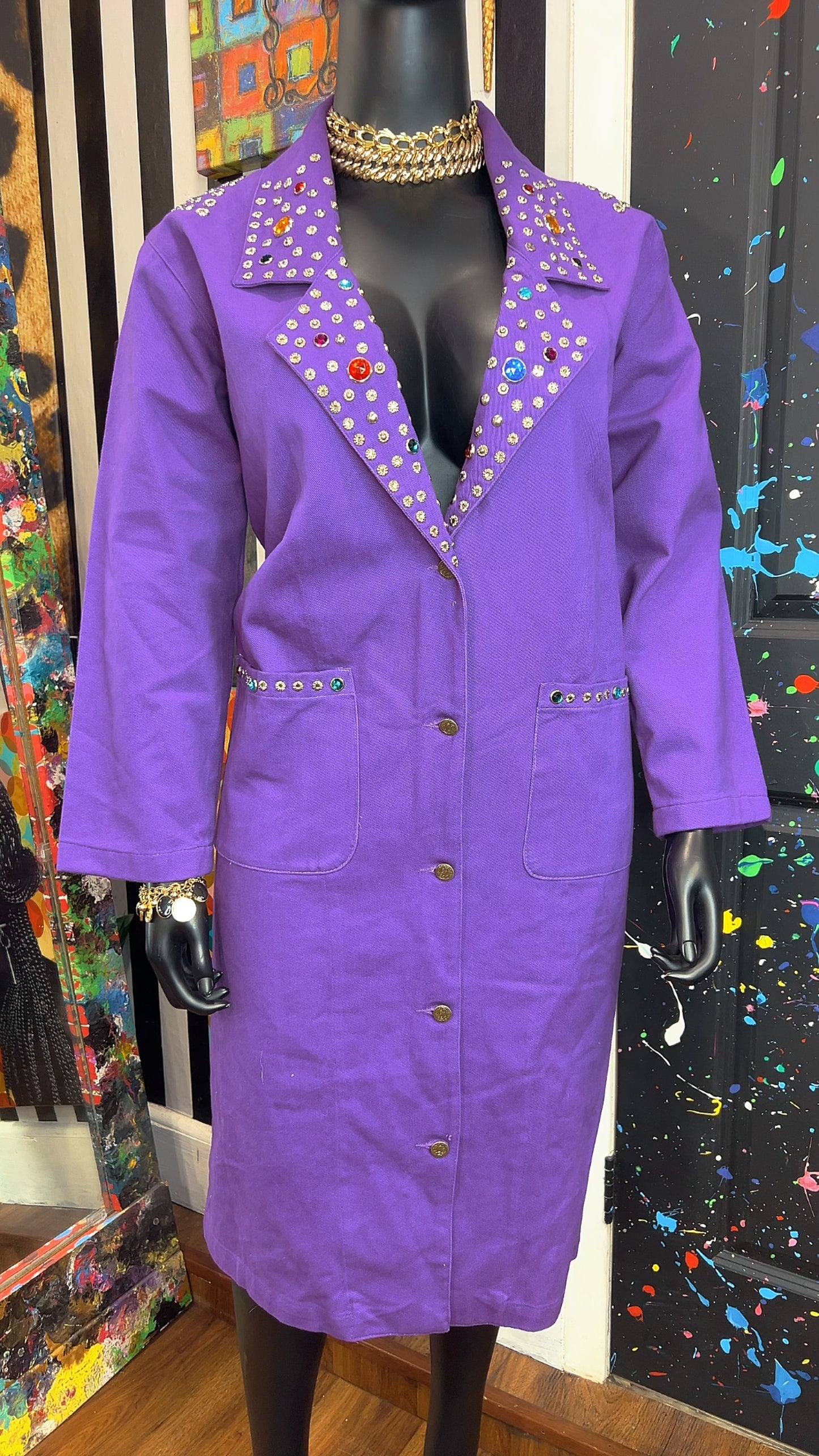 Vintage Purple Denim Jeweled Trench Coat (16)