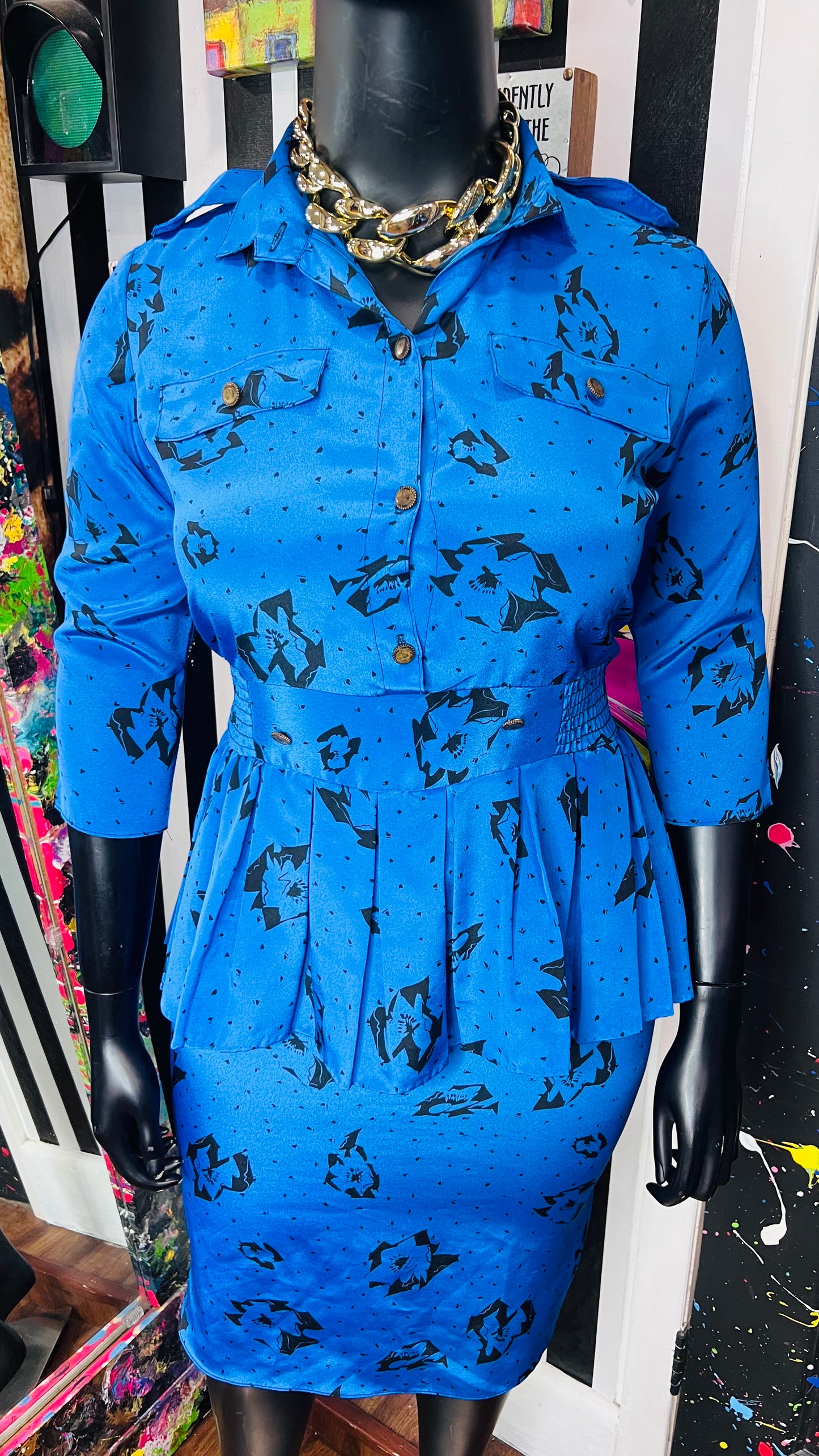 Vintage Blue & Black Peplum Dress (12)