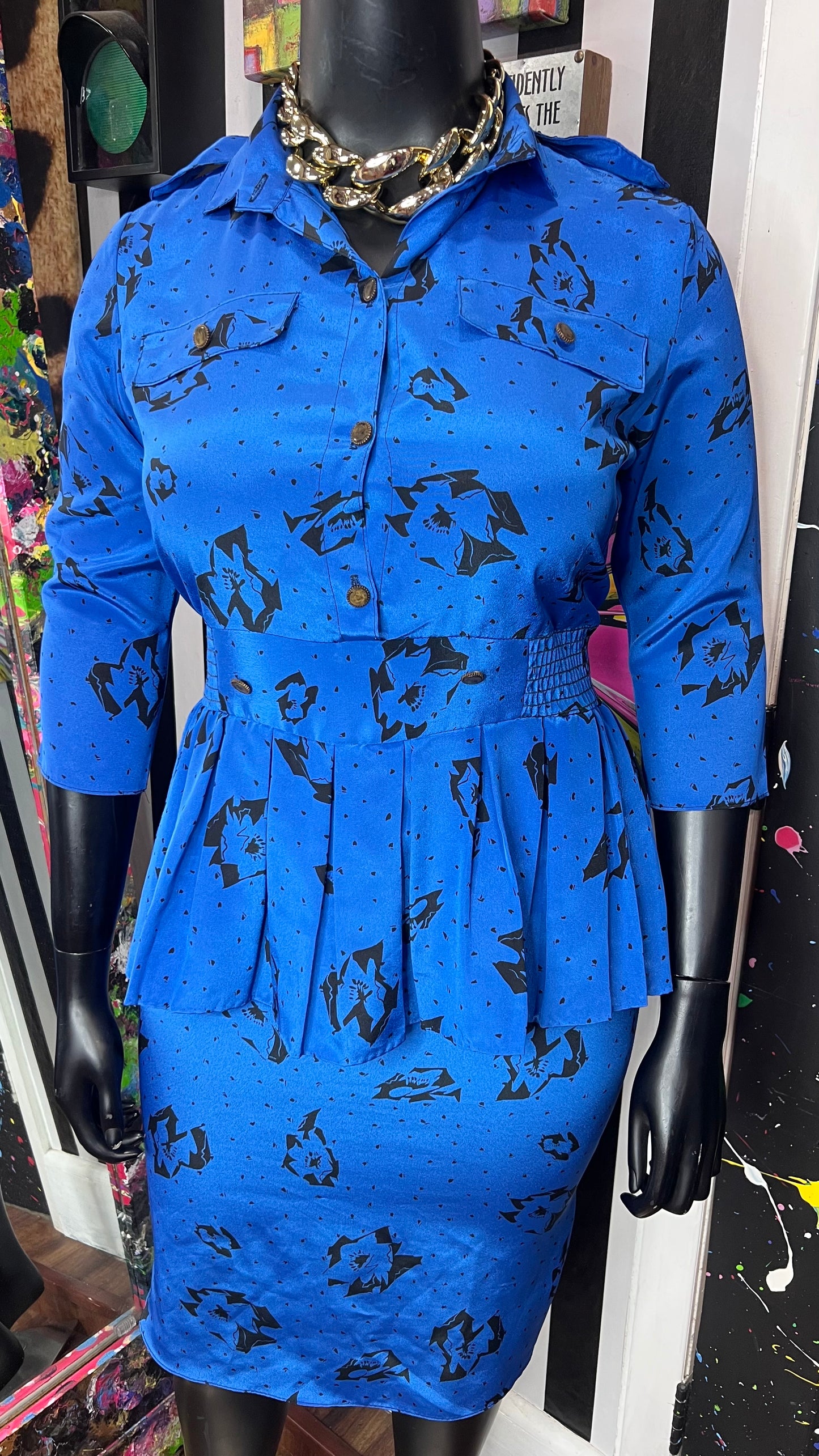 Vintage Blue & Black Peplum Dress (12)