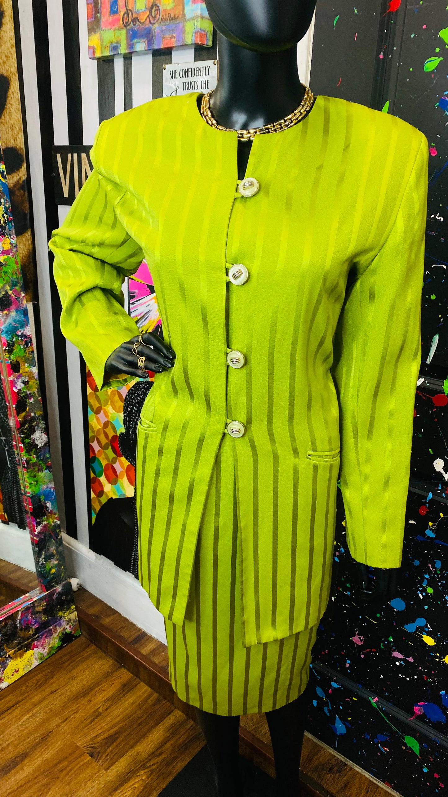 Vintage Green Striped Skirt Suit (14)