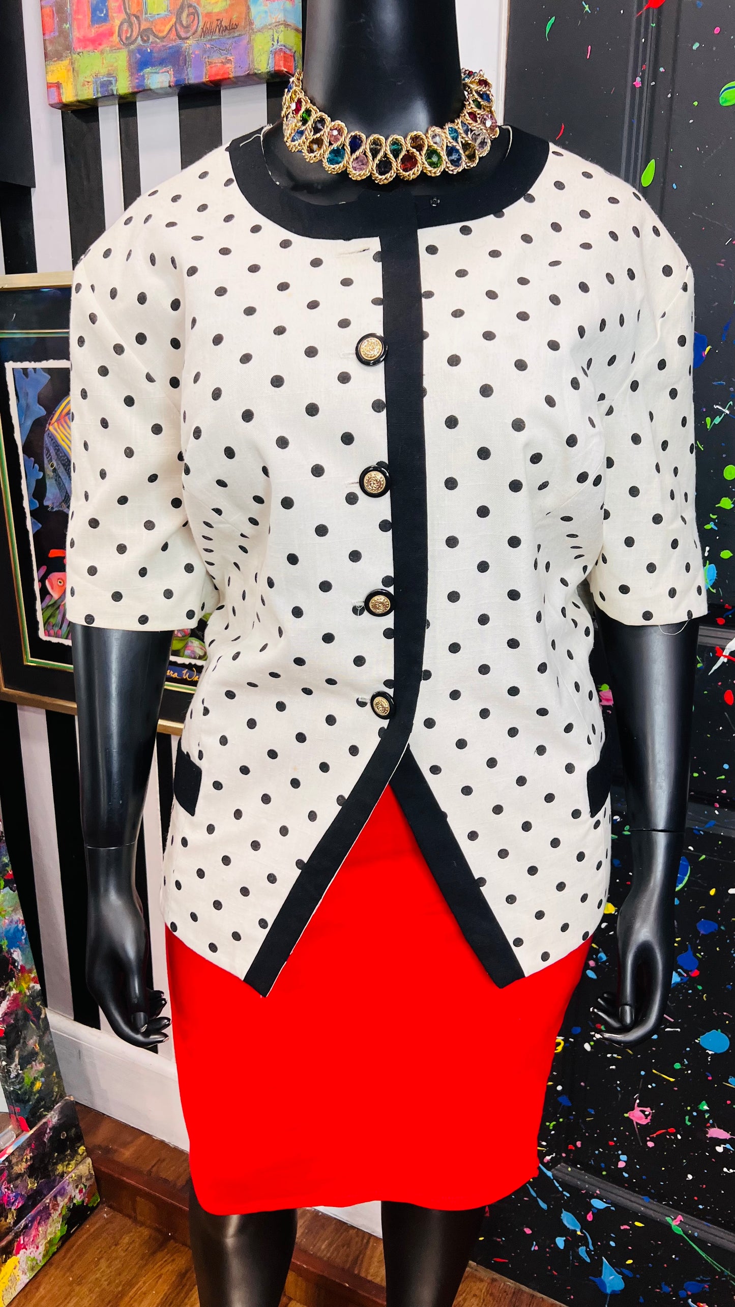 Vintage White & Black Polka Dot Blazer Blouse (24)