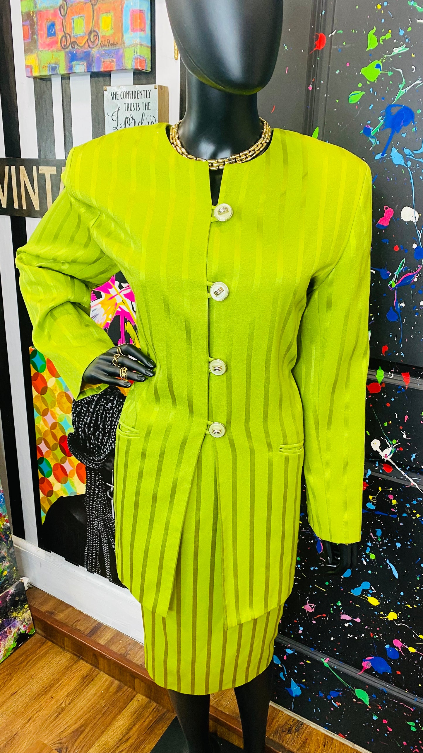 Vintage Green Striped Skirt Suit (14)