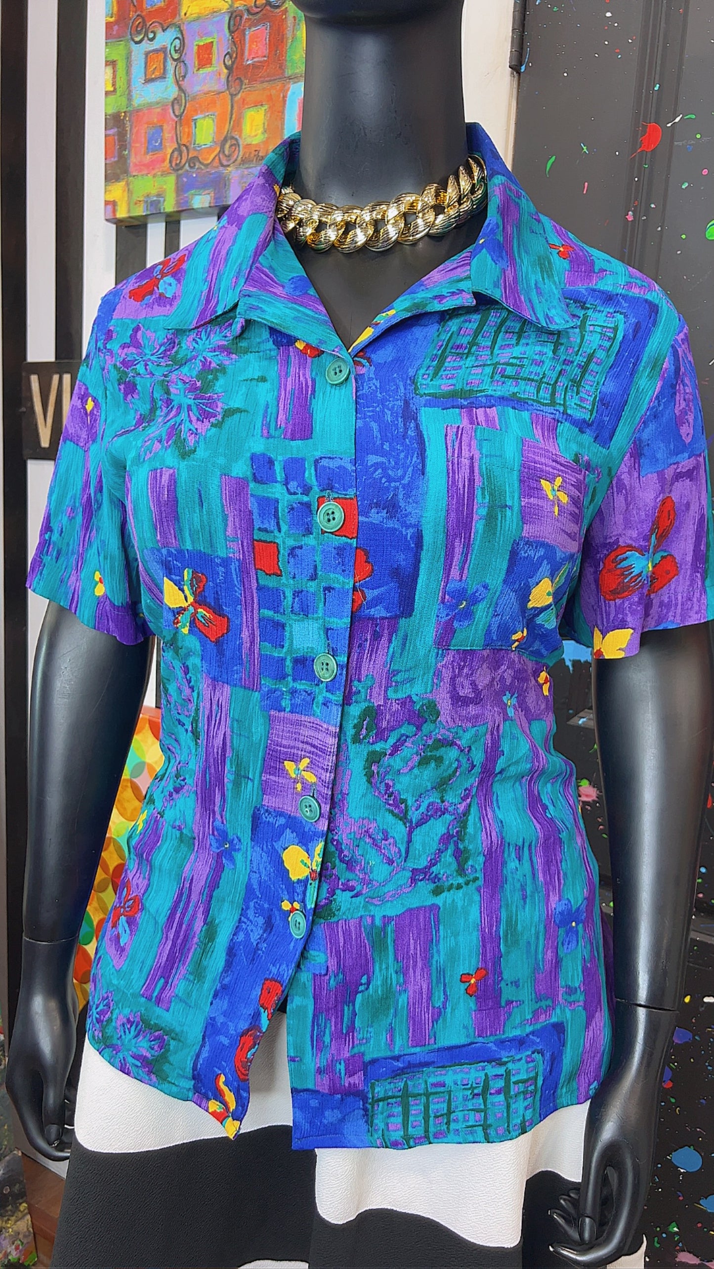 Vintage Rayon Watercolor Floral Blouse (22)