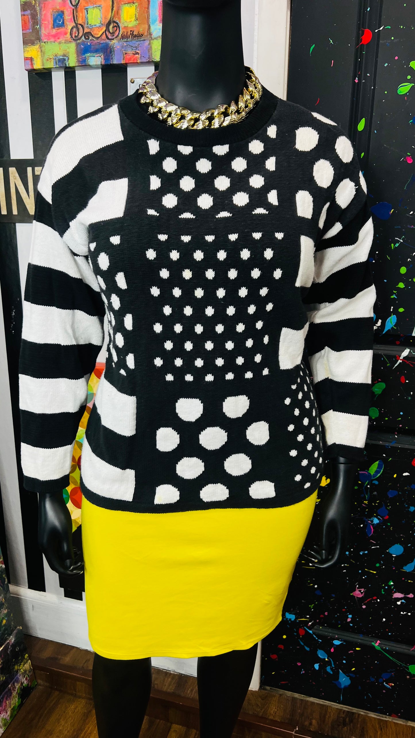 Vintage Black & White Polka Dot & Stripes Sweater (16)