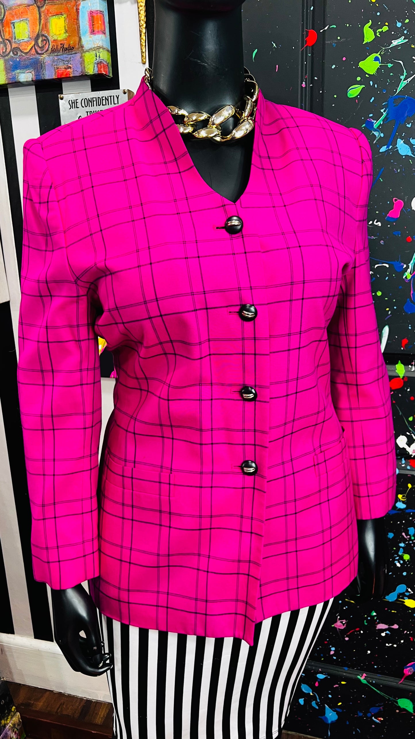 Vintage Pink & Black Striped Blazer Blouse (18)