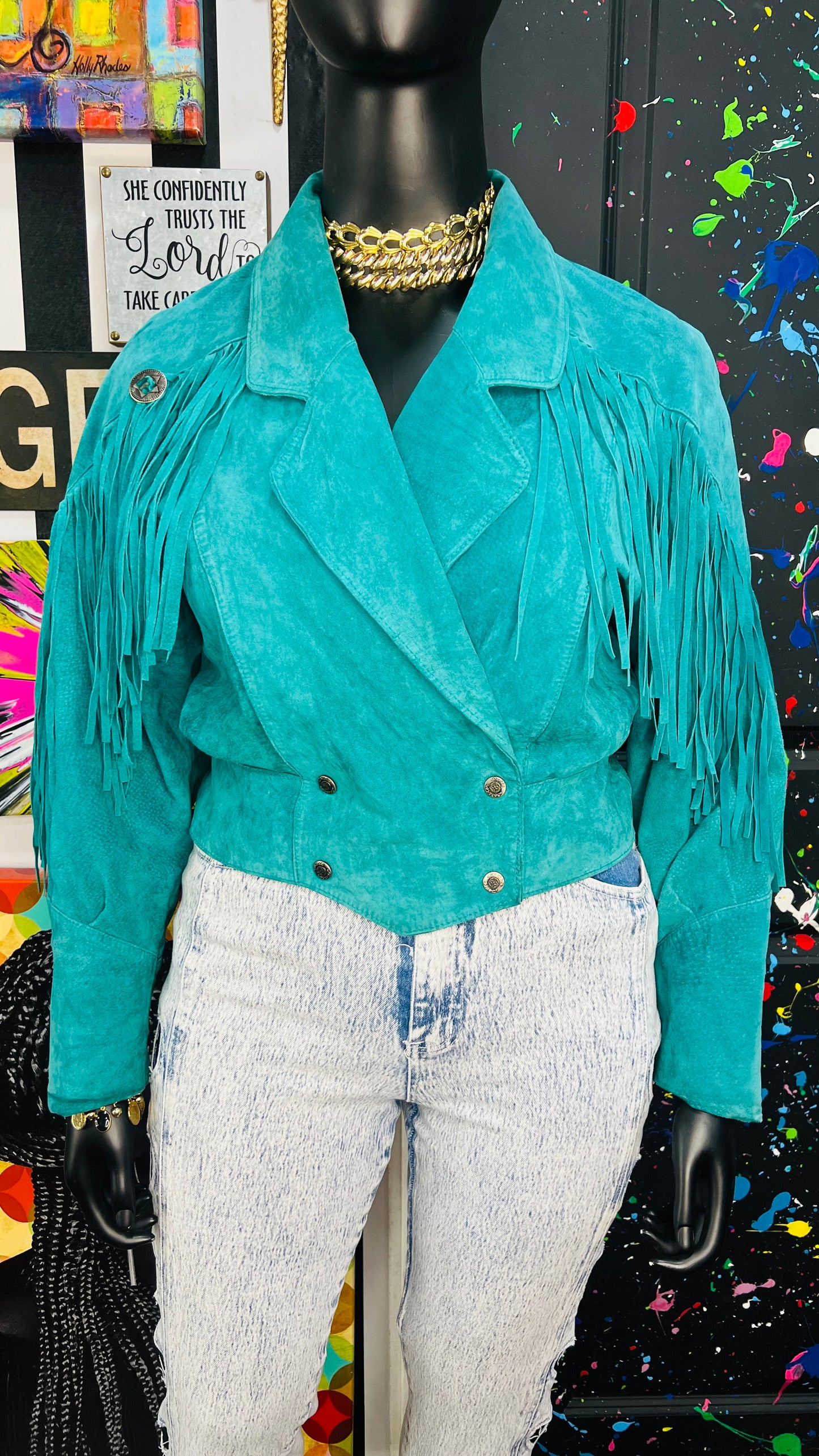 Vintage Teal Suede Genuine Leather Pelle Cropped Fringe Jacket (14)