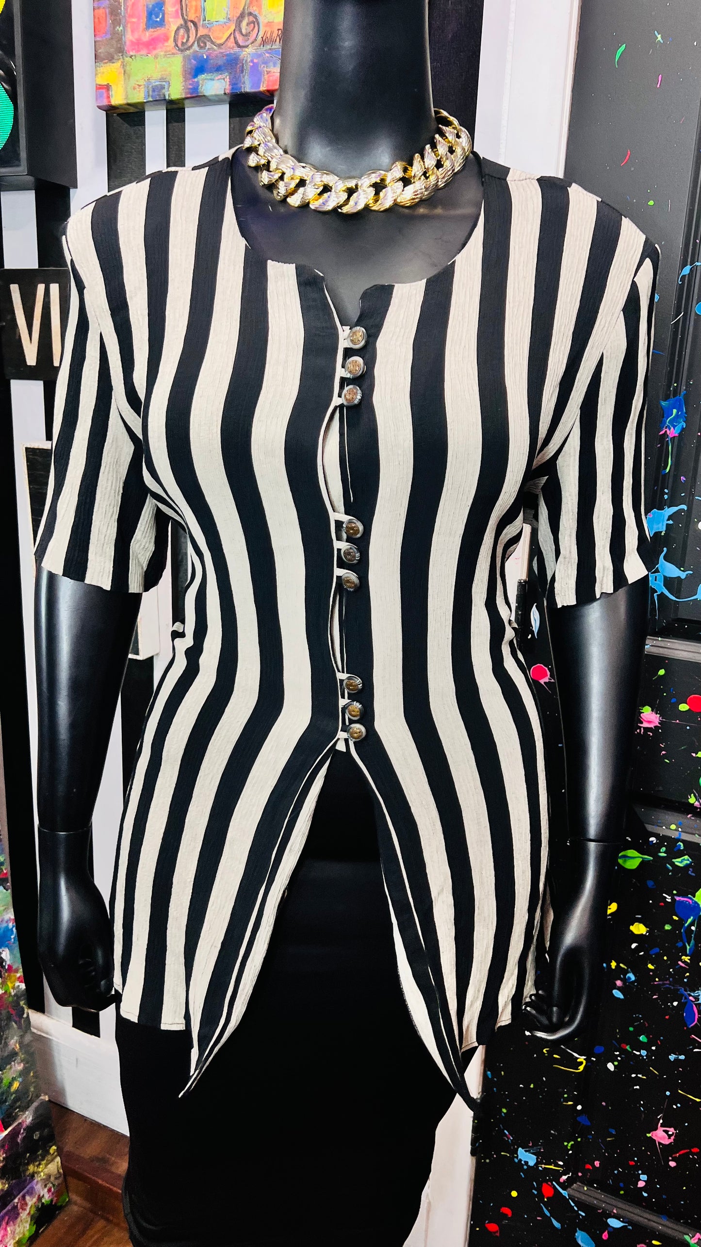 Vintage Beige & Black Striped Blouse (20)