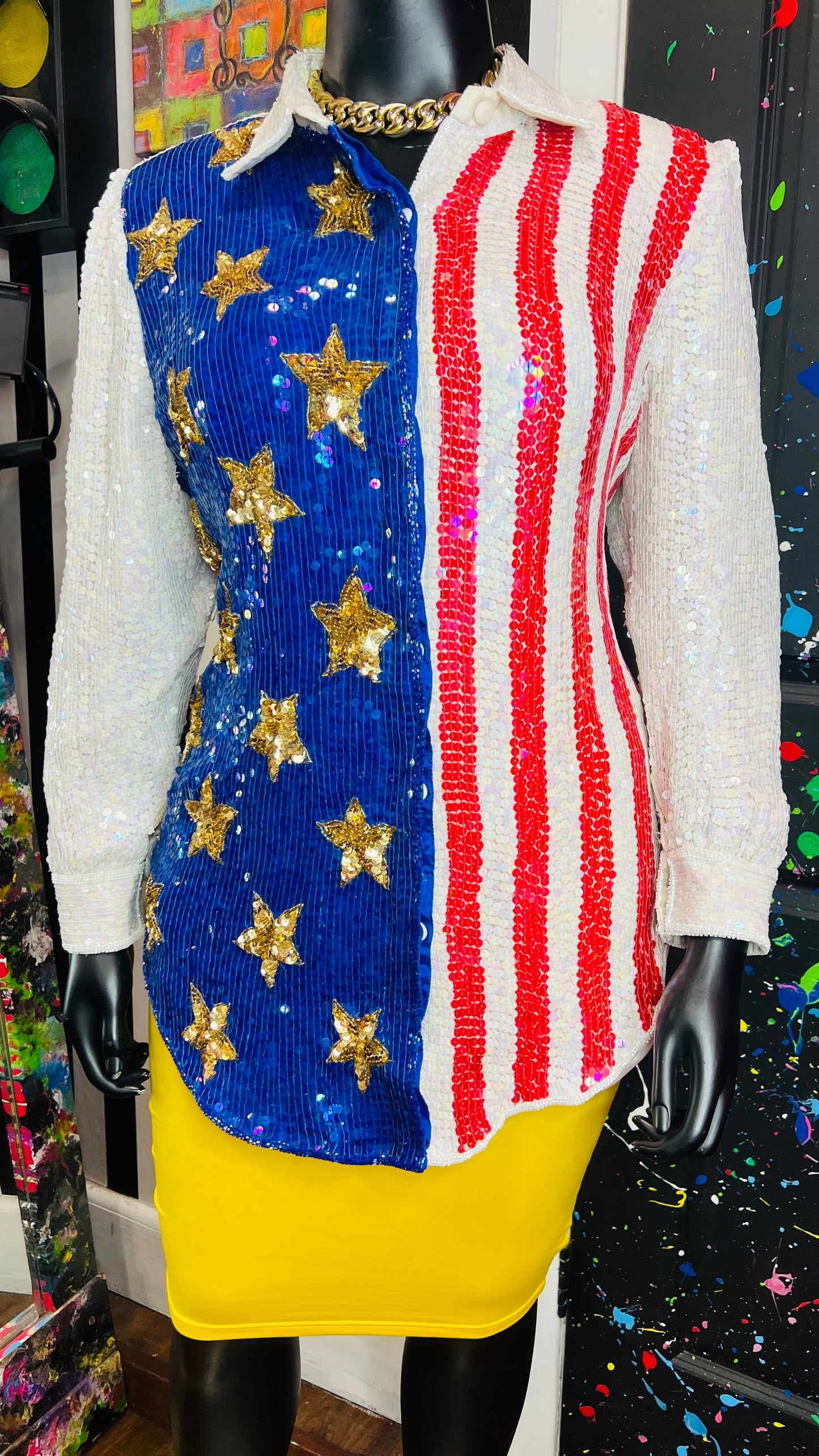 Vintage 100% Silk Sequin American Flag Blouse (20)