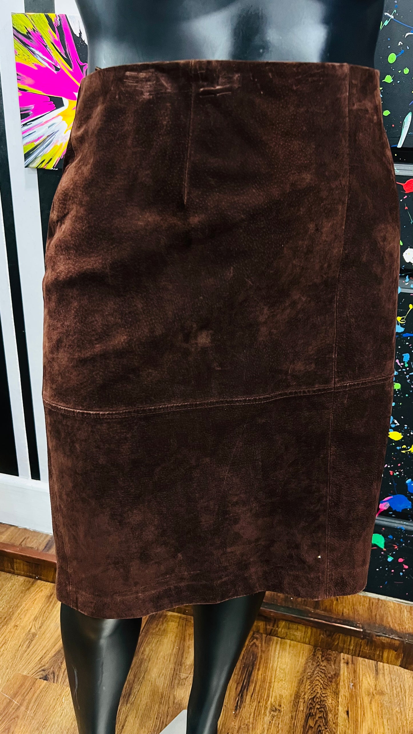 Vintage Brown Genuine Leather Suede Skirt (22W)