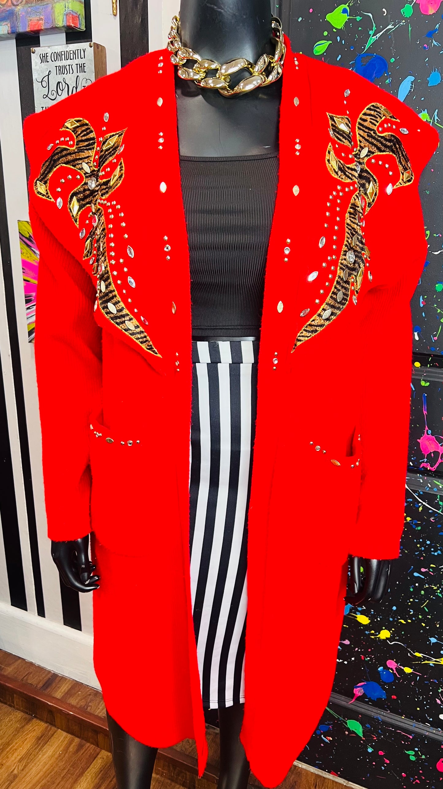 Vintage Red Knit Jeweled & Animal Print Sweater (OS)