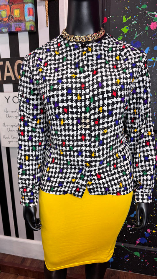 Vintage Color Block Houndstooth Long Sleeve Blouse (18)