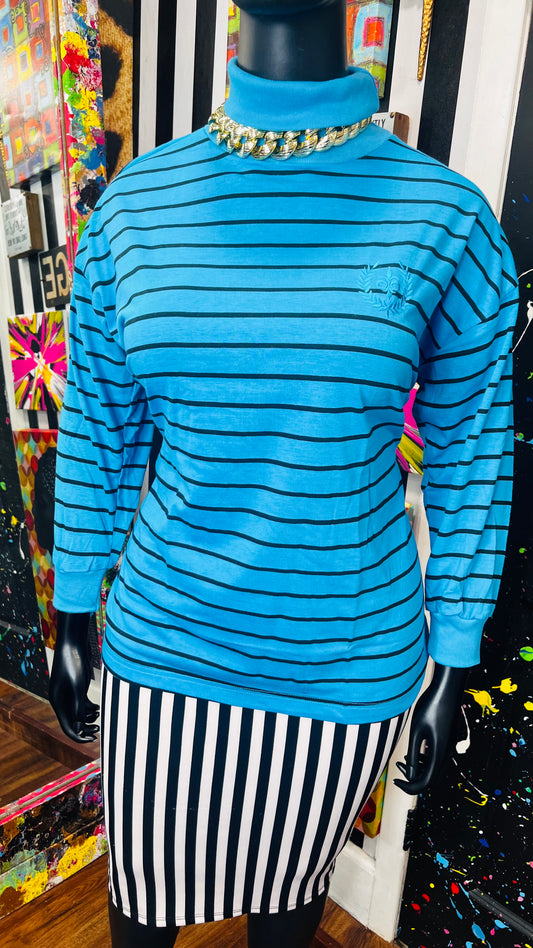 Vintage 100% Cotton Black Striped Turtle Neck- Blue (18)