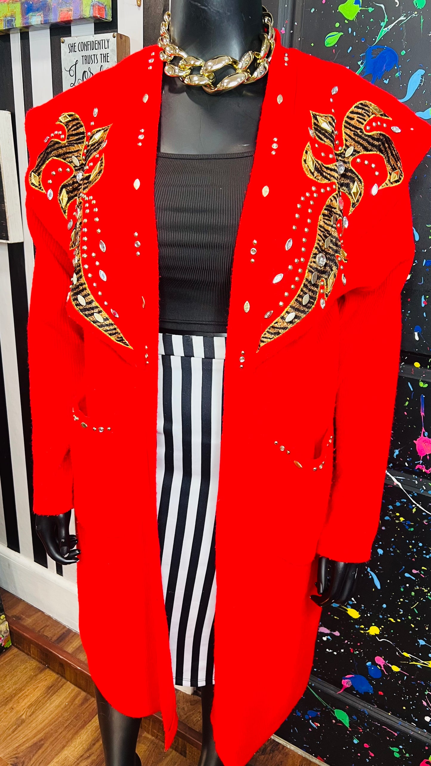 Vintage Red Knit Jeweled & Animal Print Sweater (OS)