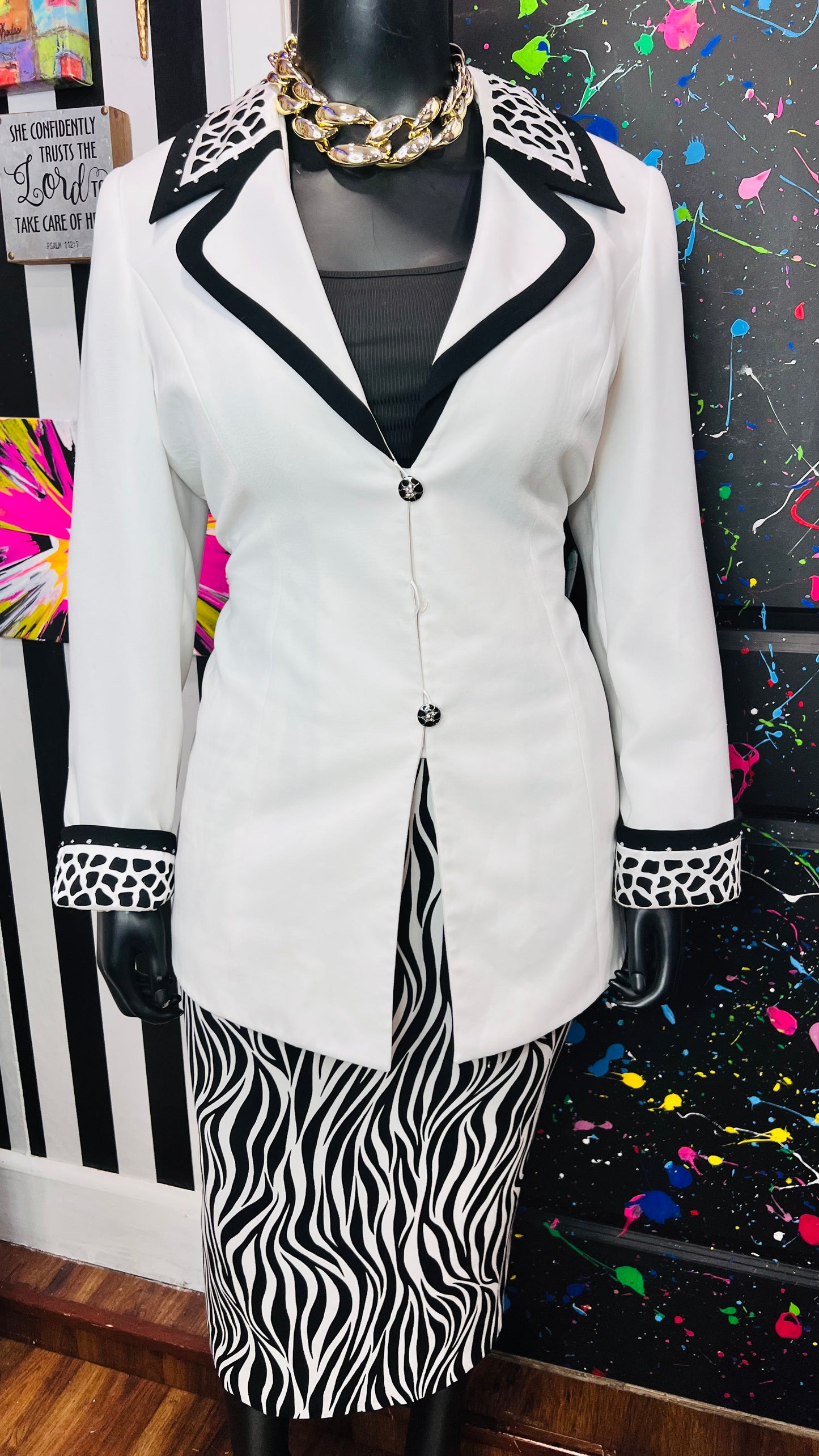 Vintage Jeweled Zebra Print Skirt Suit (16W)