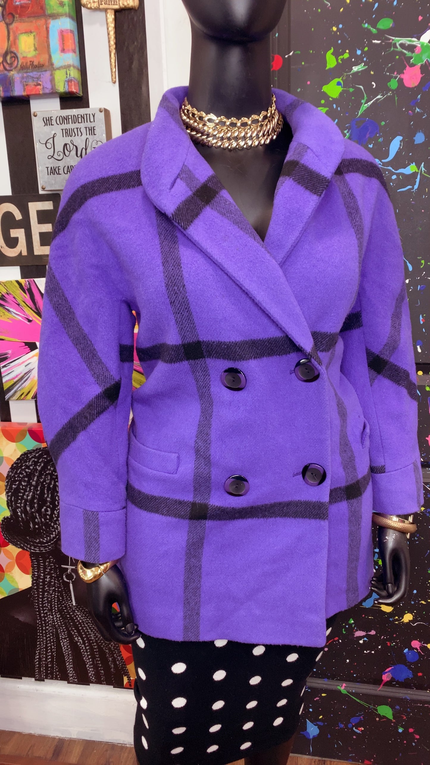 Vintage Purple & Black Striped Wool Coat w/ Lining (16)