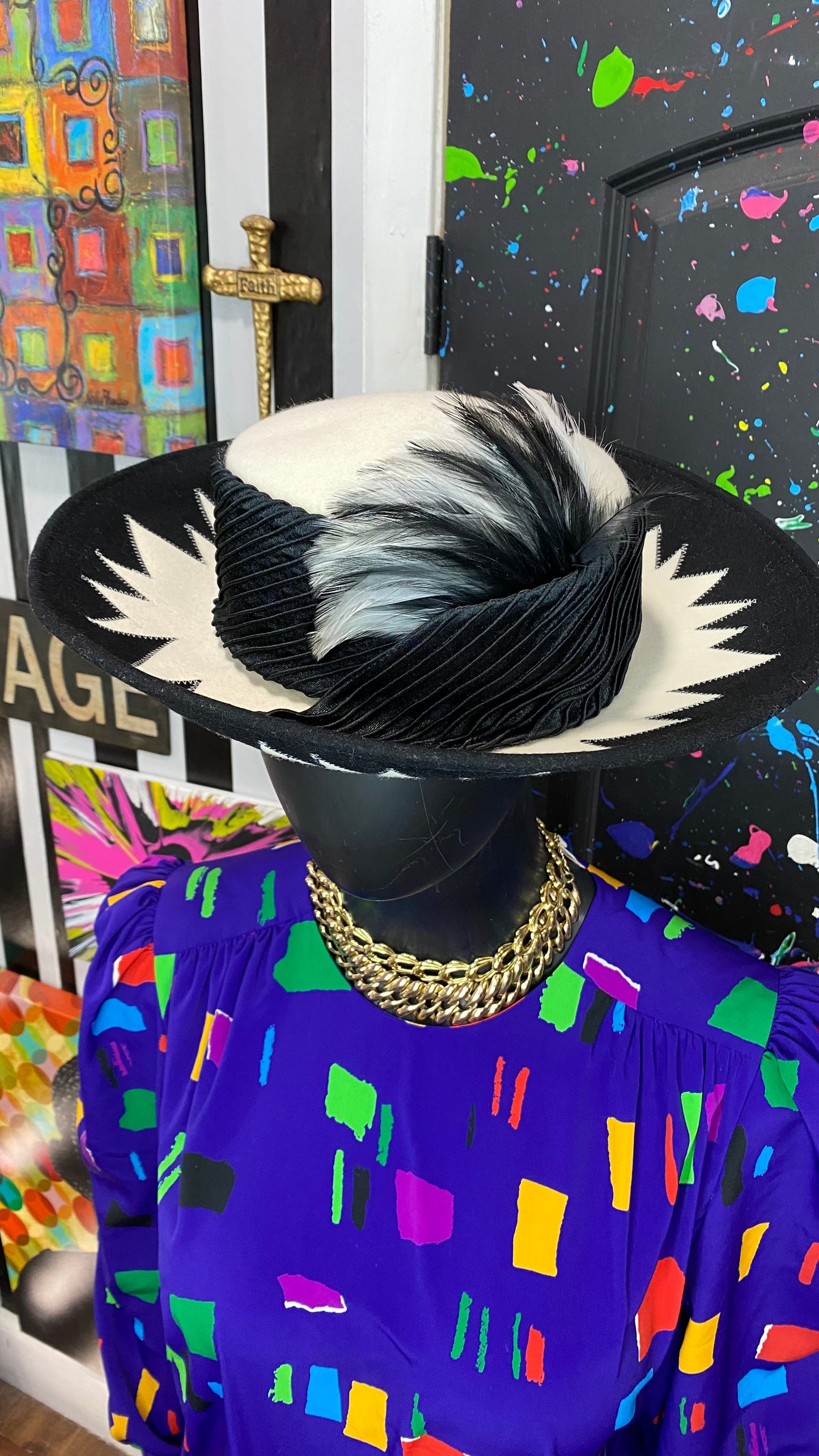 Vintage Black & White Wool Feather Hat