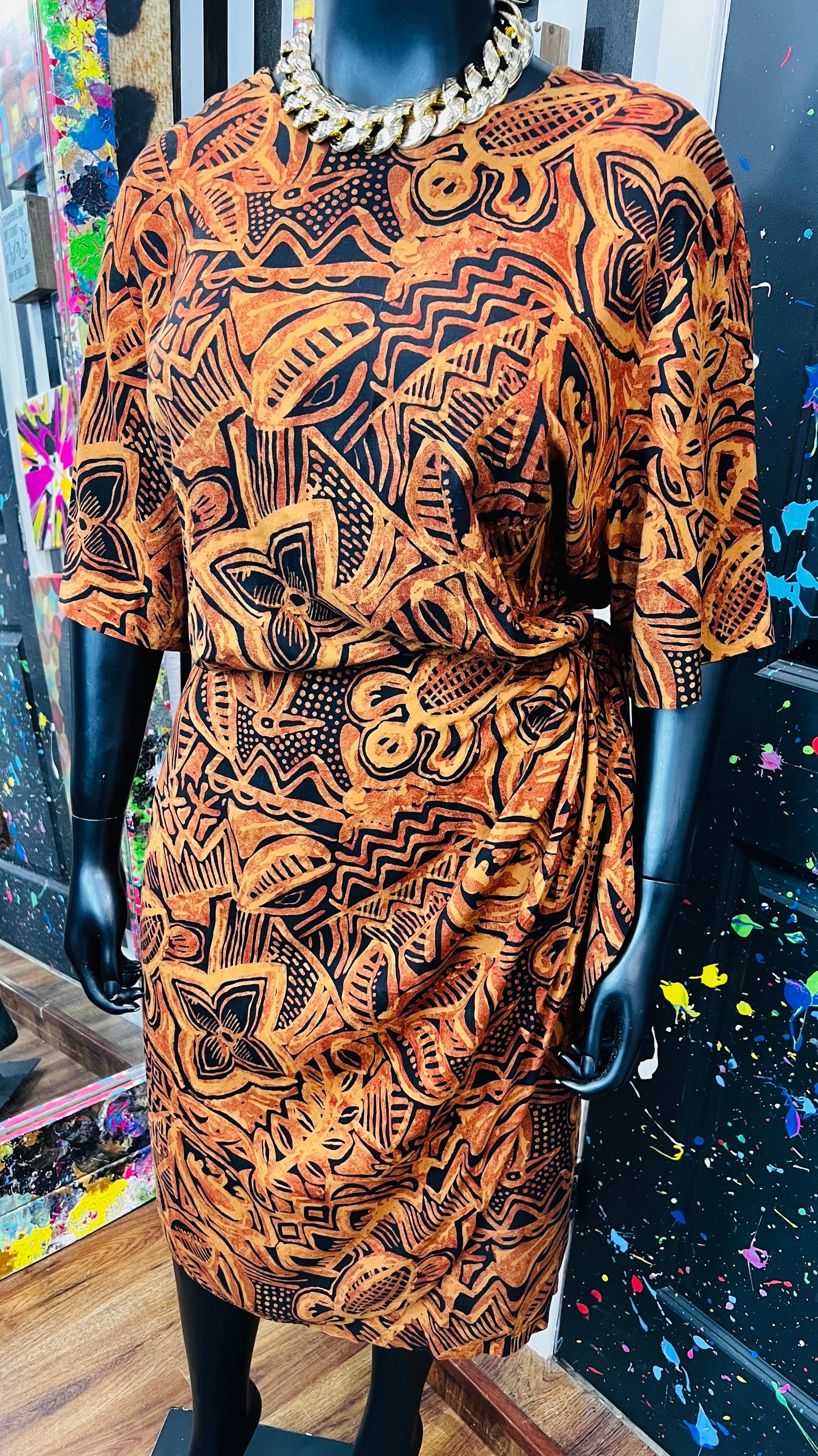 Vintage Rayon Sarong Style Tribal Print Dress (28) - Fits Like a 22