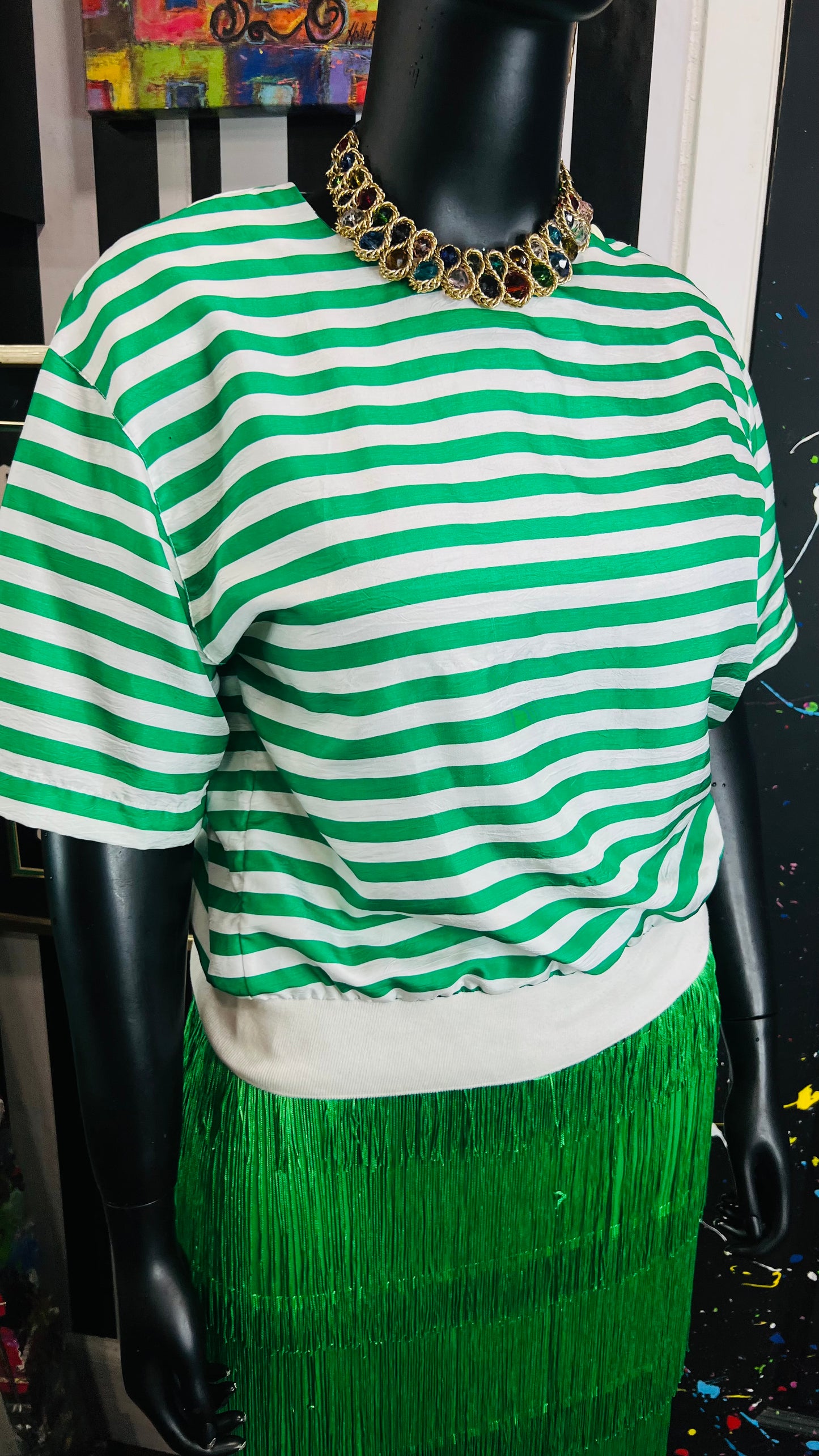 Vintage Green & White 100% Silk Blouse (12)