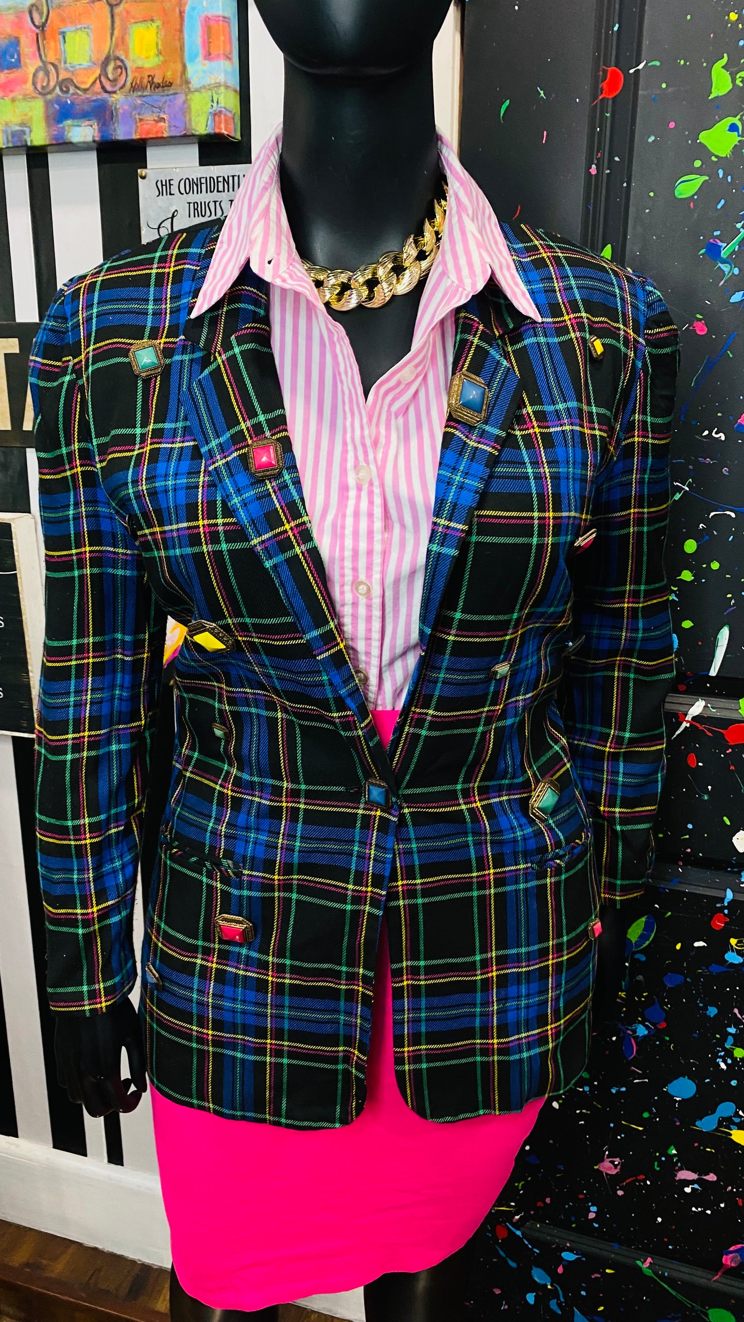 Plus Size Vintage Plaid Button Blazer (14)