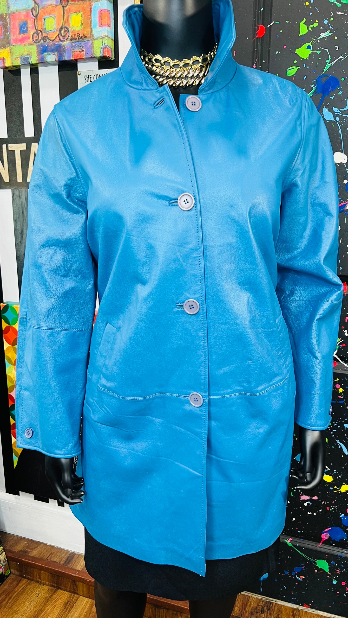 Vintage Genuine Leather Blue Trench Swing Coat (18W)