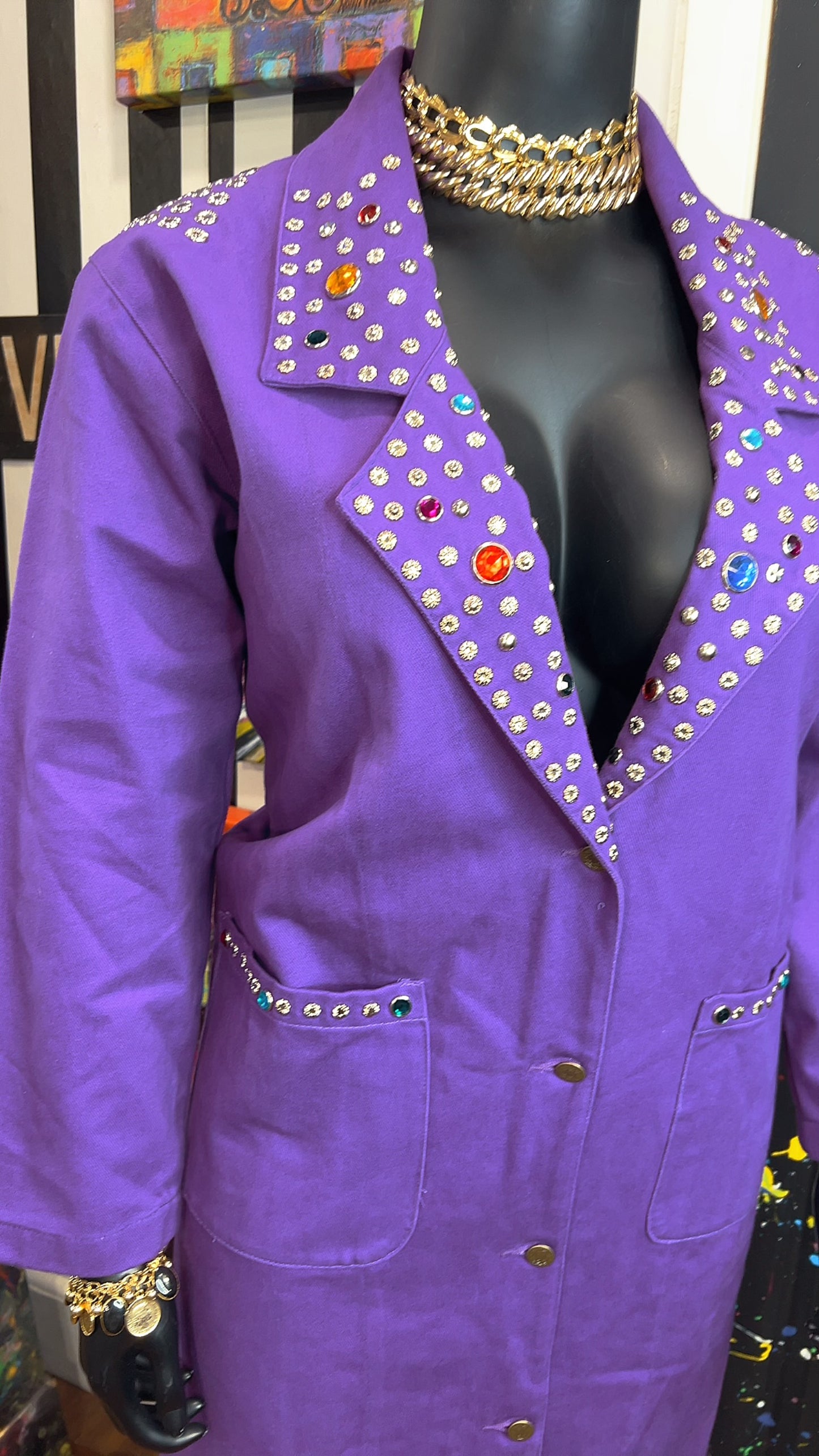 Vintage Purple Denim Jeweled Trench Coat (16)