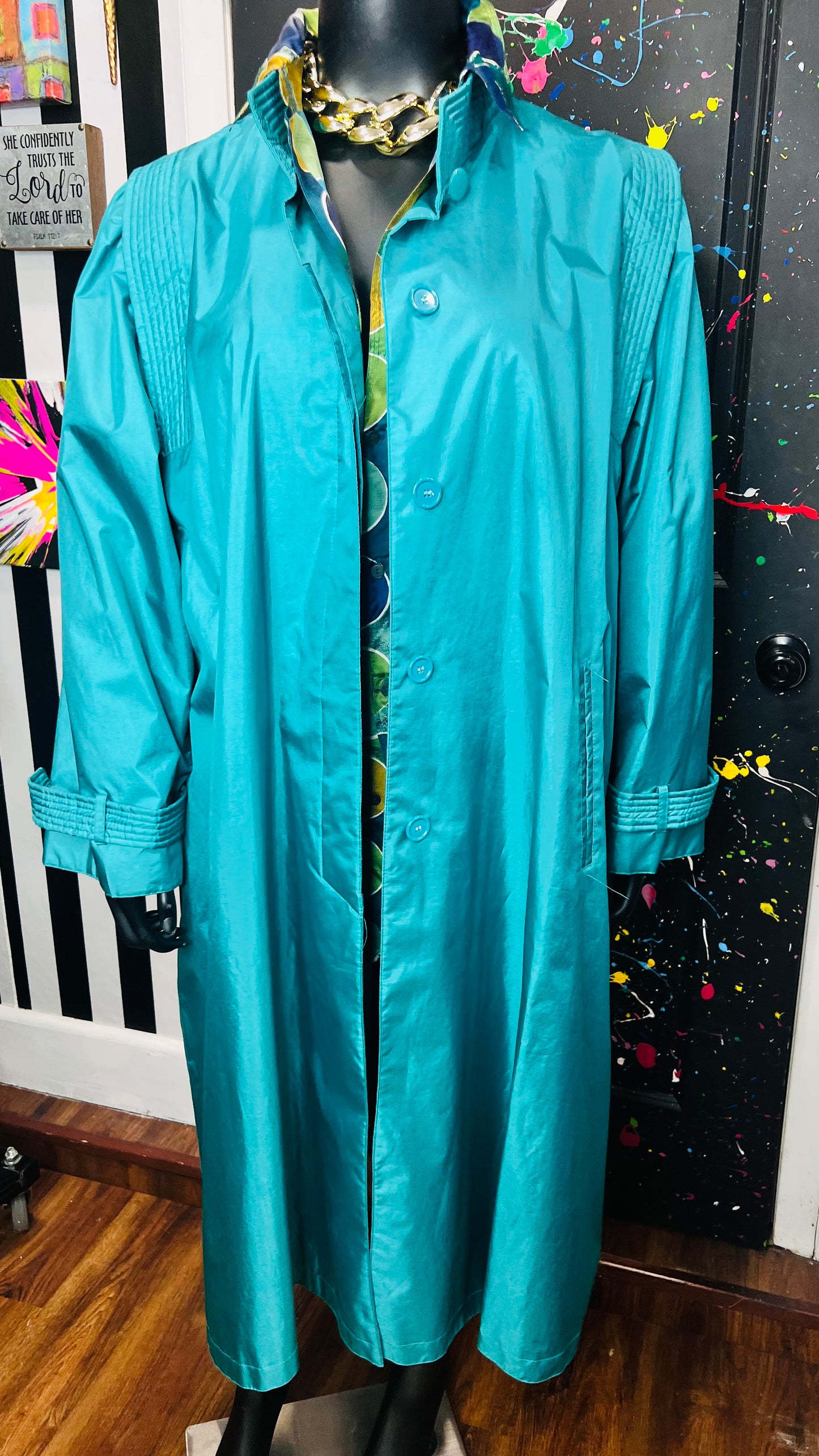 Vintage Teal Rain Trench Coat (24)