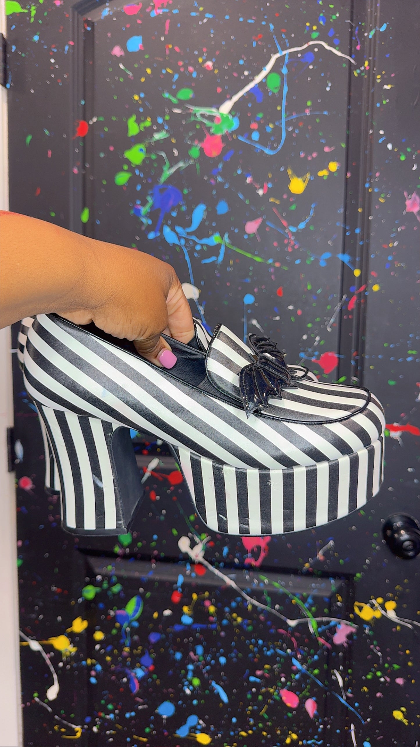 White & Black Striped Platform Heels (11)