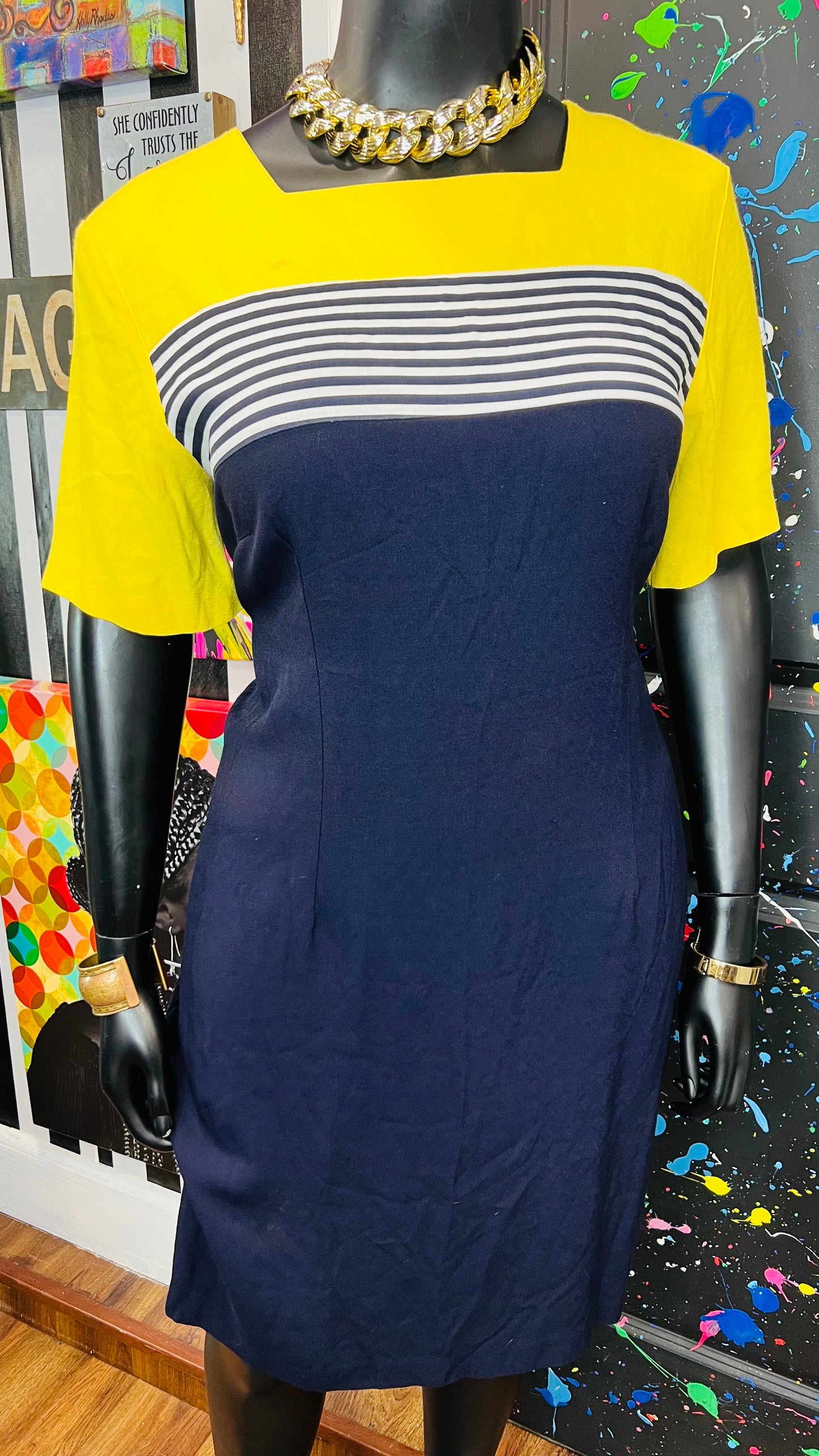 Vintage Navy Blue Yellow & White Striped Dress (20)