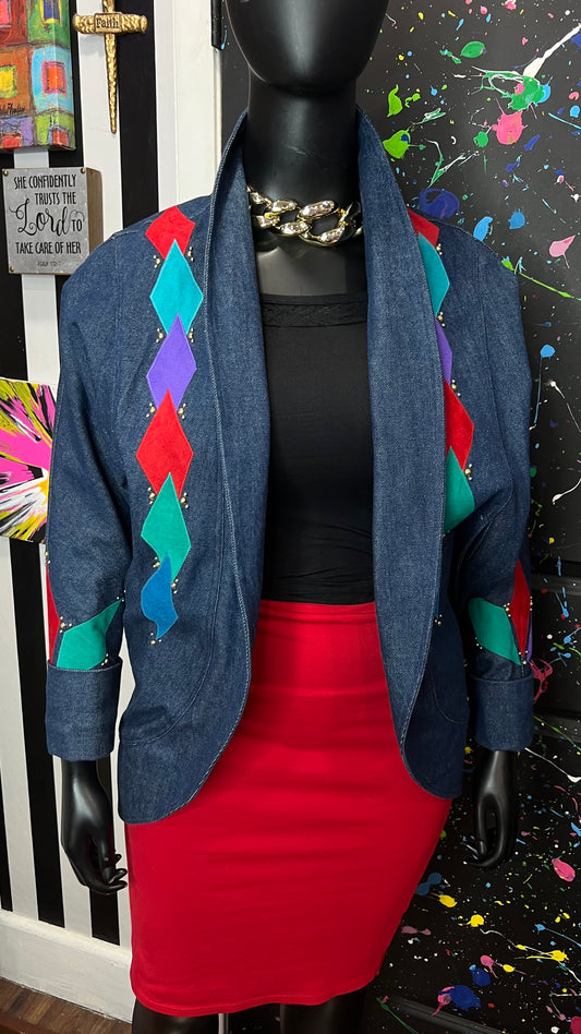 Vintage Denim Color Block Jacket w/ Studs (14/16)
