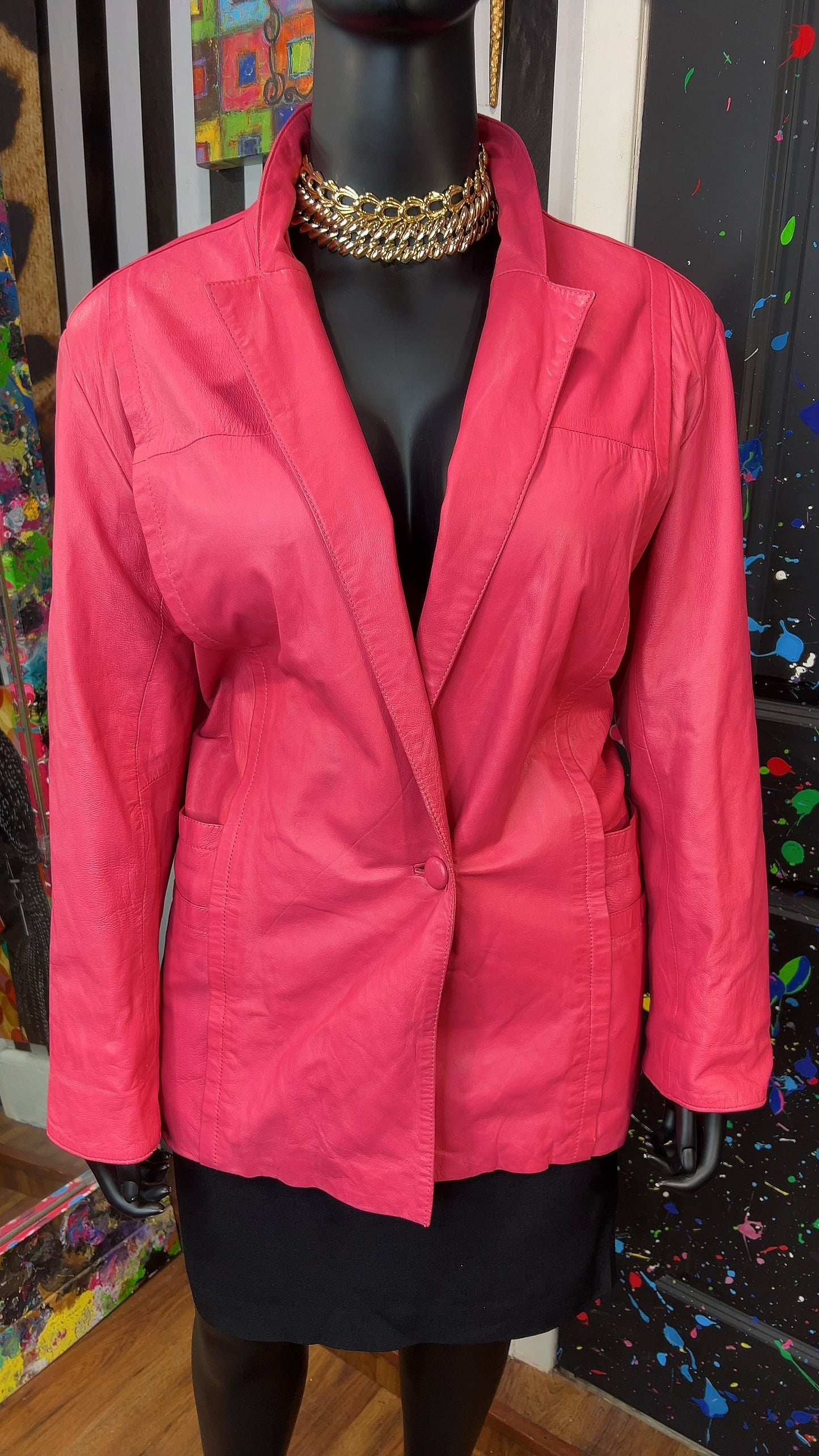 Vintage Genuine Leather Pink Blazer Coat (18)