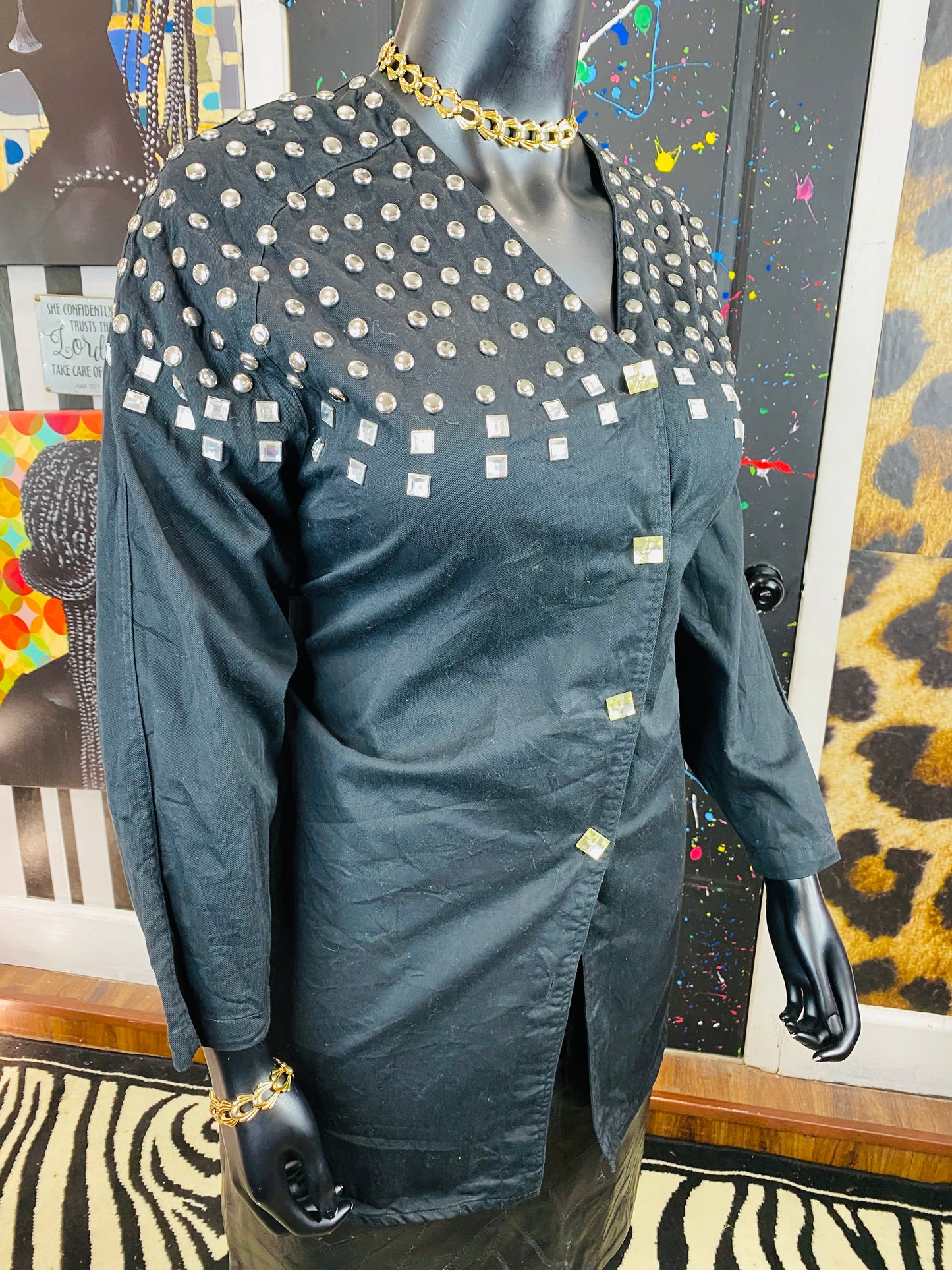 Vintage Black Silver Studded Long Sleeve Blouse