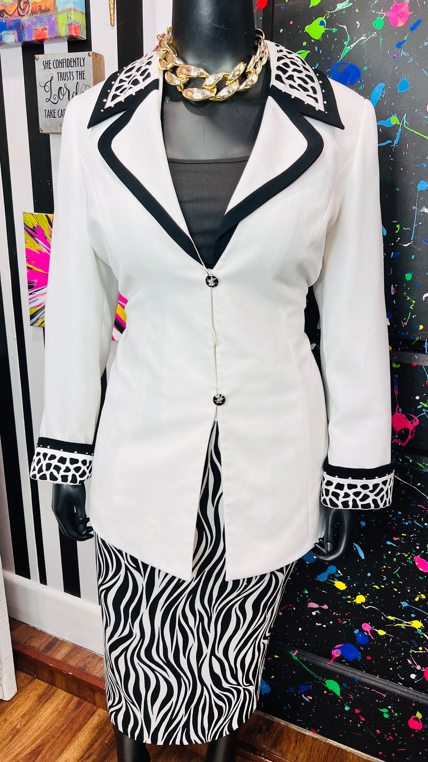 Vintage Jeweled Zebra Print Skirt Suit (16W)