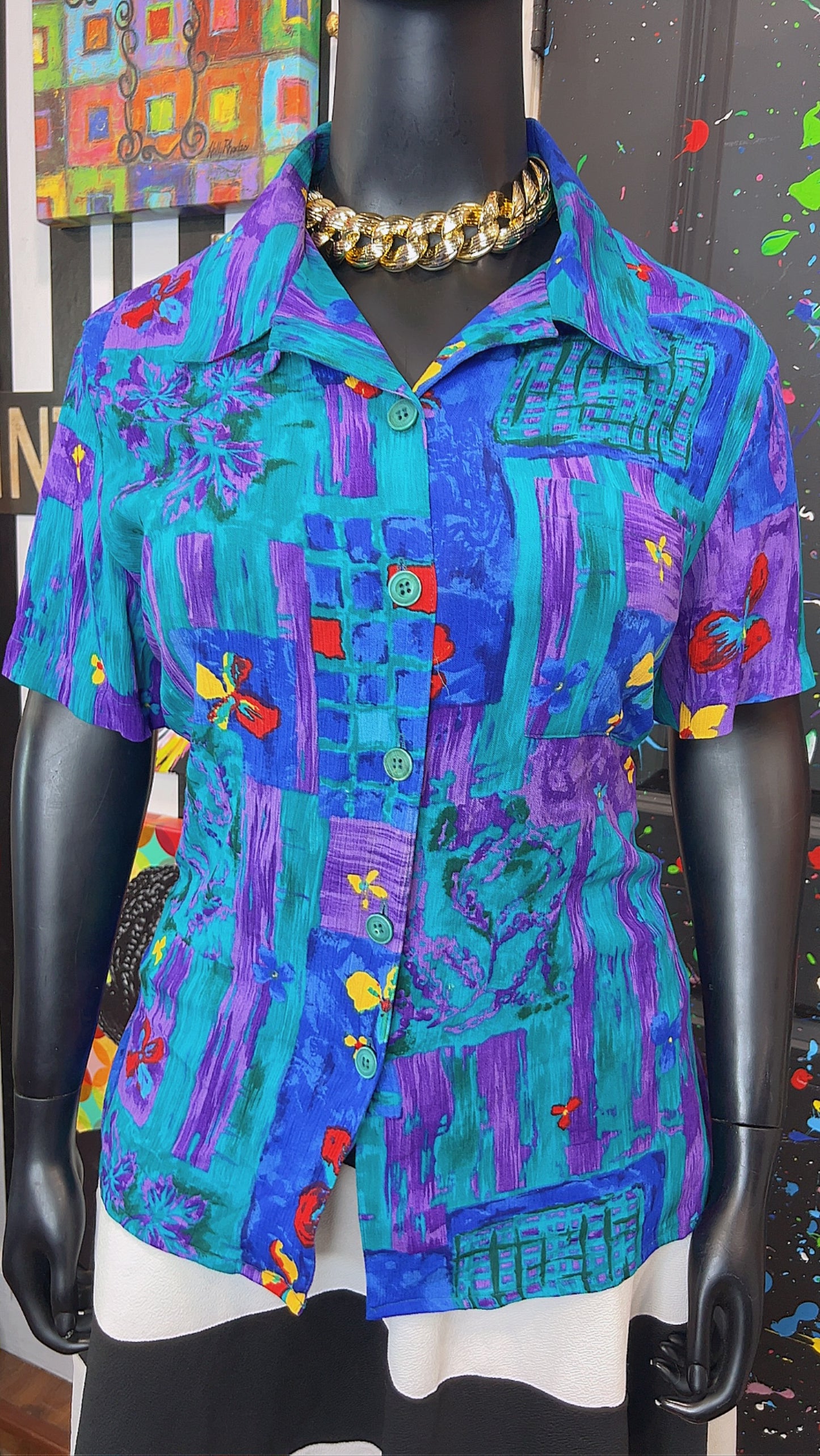 Vintage Rayon Watercolor Floral Blouse (22)