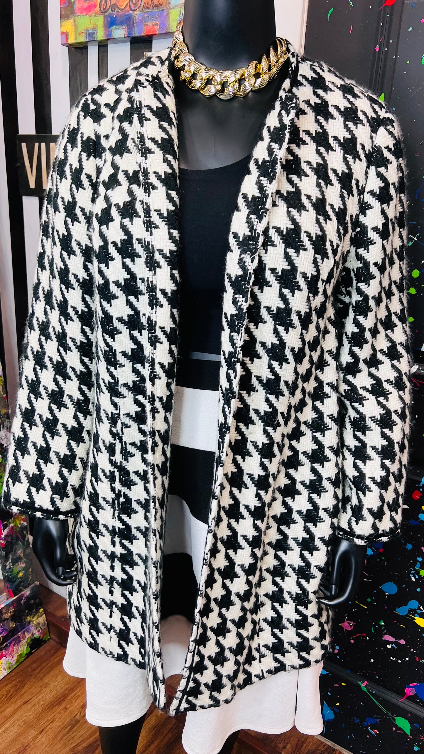 Vintage Black & White Houndstooth Wool Coat (20W)